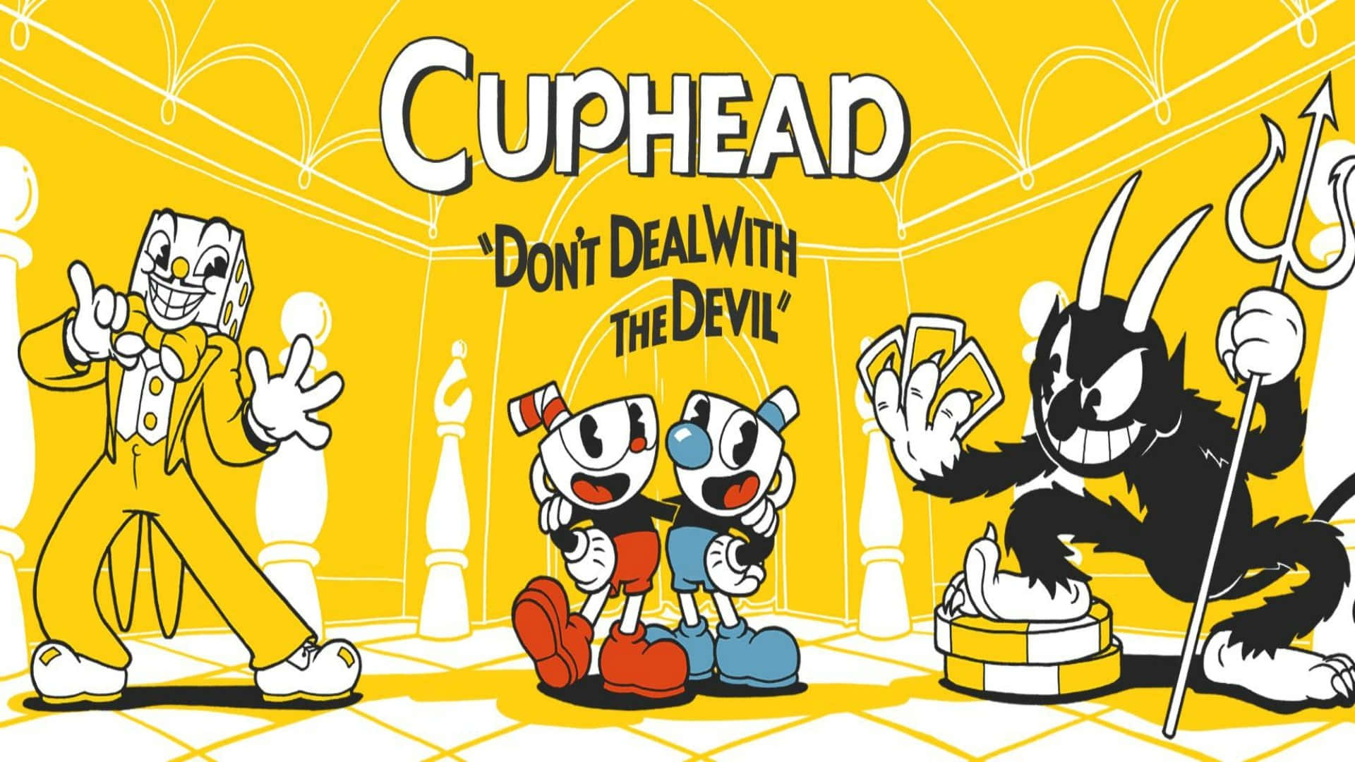 茶杯頭 桌布 壁紙 — Cuphead 和 Mugman 在充滿活力的黃色賭場環境中與惡魔般的賭徒對峙。
