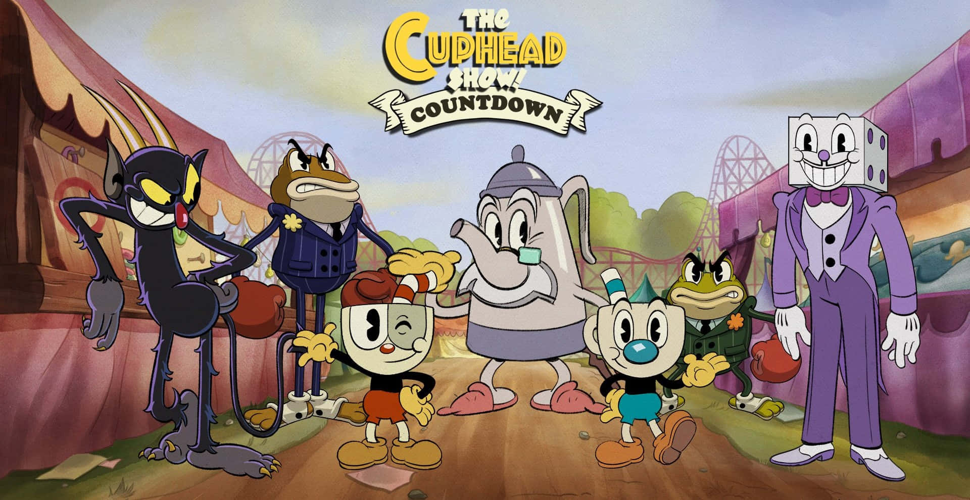 茶杯頭 桌布 壁紙 — Cuphead 和 Mugman 與反派角色站在色彩繽紛的嘉年華場景中，天空明亮。