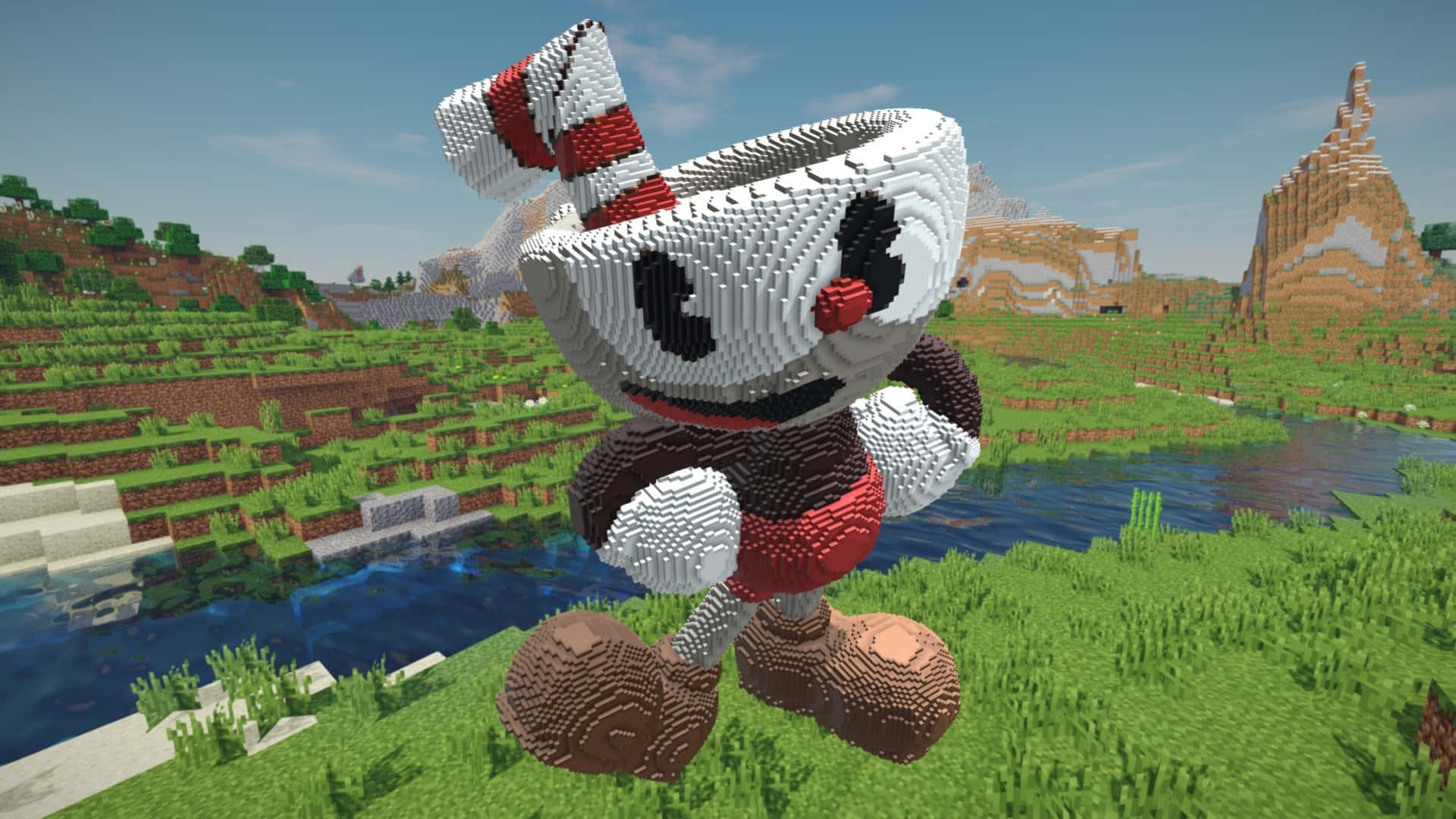 茶杯頭 桌布 壁紙 — Cuphead 喺一個有方塊山丘、河流同像素化天空嘅Minecraft景觀中企喺度。
