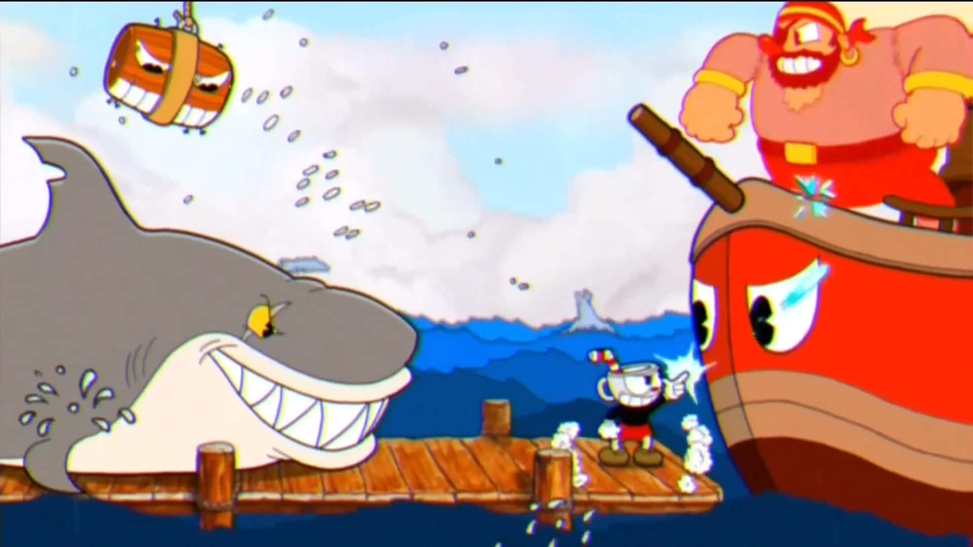 茶杯頭 桌布 壁紙 — Cuphead 站在碼頭上，面對一條巨型鯊魚和一個在紅色船上裝有大炮的海盜船長。