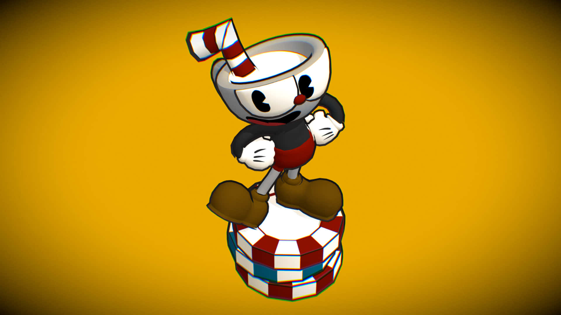 茶杯頭 桌布 壁紙 — Cuphead 自信地站在一堆紅白藍條紋的撲克籌碼上，背景為純黃色。