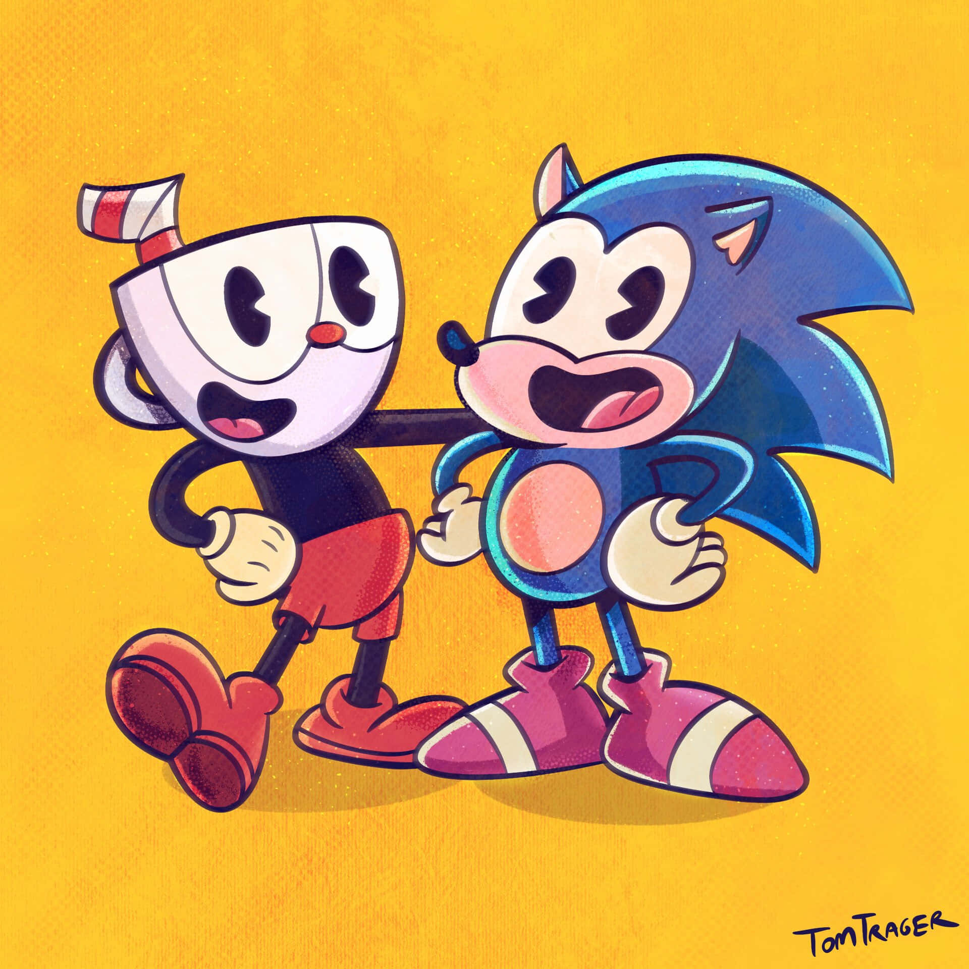 茶杯頭 桌布 壁紙 — Cuphead 與 Sonic the Hedgehog 在充滿活力的黃色背景前愉快地一起擺姿勢。