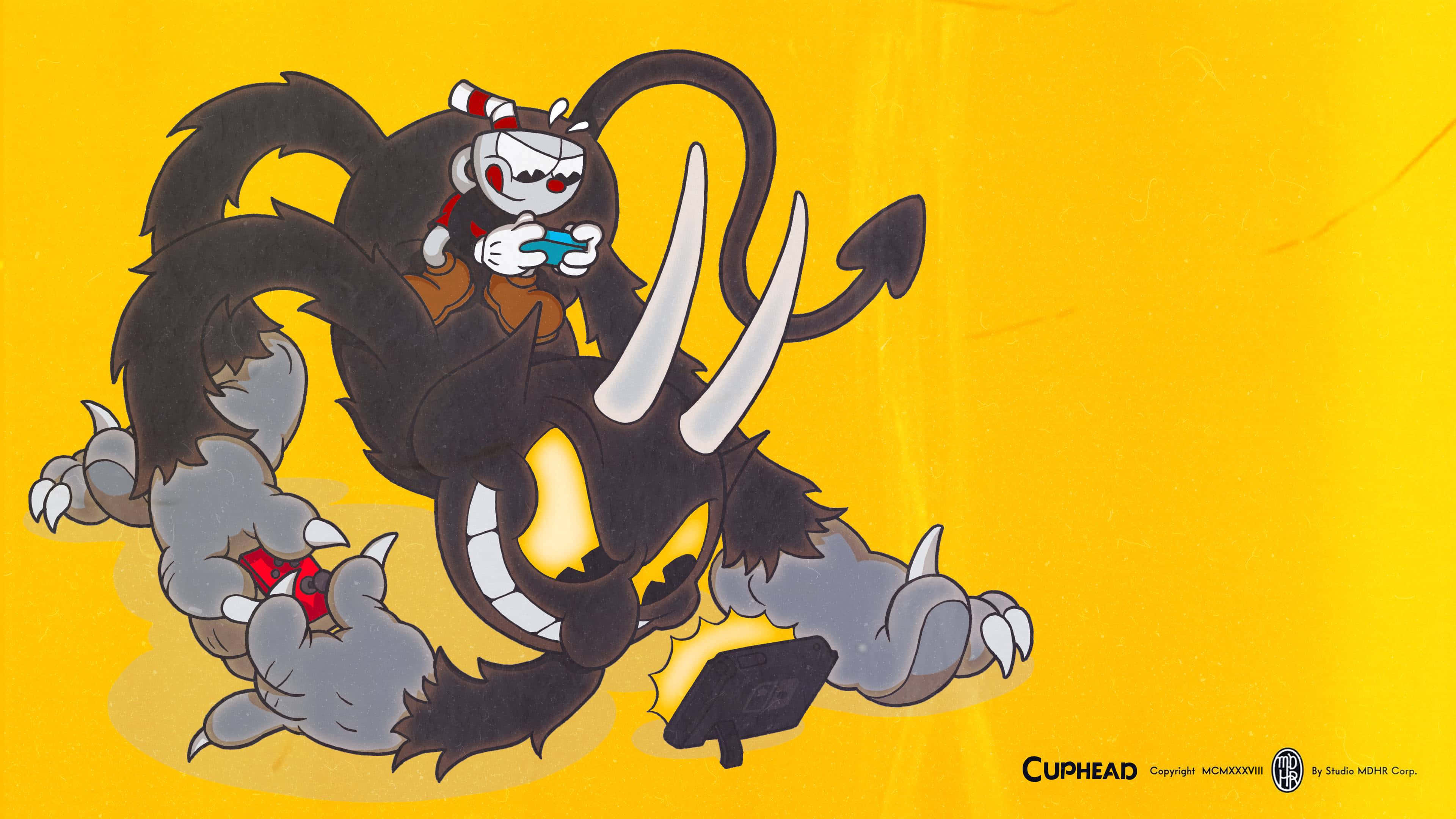 茶杯頭 桌布 壁紙 — Cuphead 騎著一頭巨大的黑色野豬，長有白色獠牙，背景為明亮的黃色。