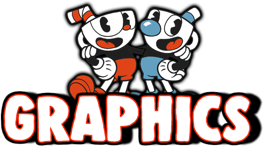 Cuphead與Mugman圖形標誌 壁紙 — 兩個卡通杯角色，有大眼睛和大笑容，並排站在黑色背景上，有粗體白色輪廓文字寫著GRAPHICS。