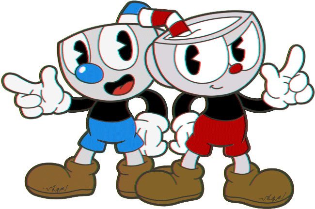 Cuphead與Mugman擺姿勢 壁紙 — 兩個穿著紅色和藍色短褲的快樂卡通杯角色，睜大眼睛、面帶微笑地豎起大拇指。