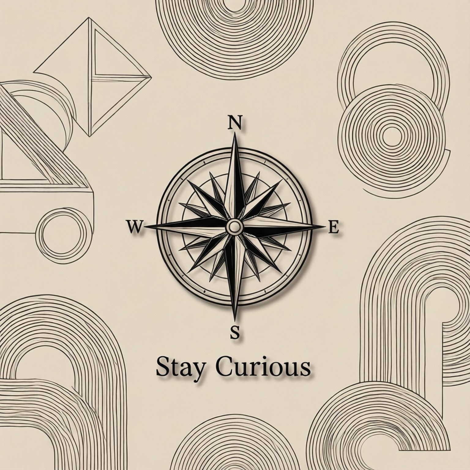 一個被幾何形狀包圍的指南針玫瑰，帶有「Stay Curious」文字。