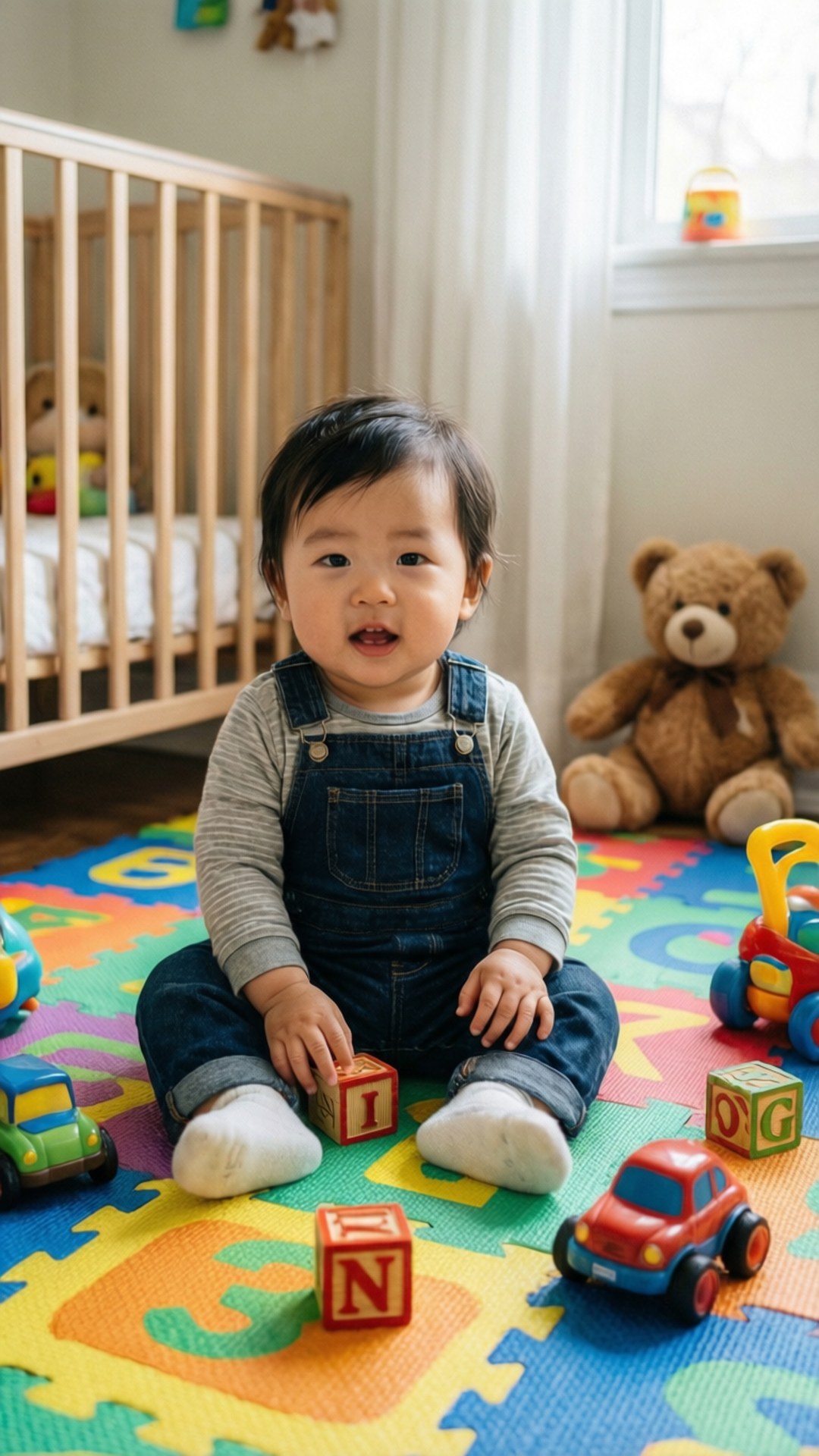 JJ's Playroom Fun 壁紙 — 一個好奇的嬰兒穿著牛仔工人褲，坐在色彩繽紛的字母地墊上，周圍環繞著玩具和一隻泰迪熊。