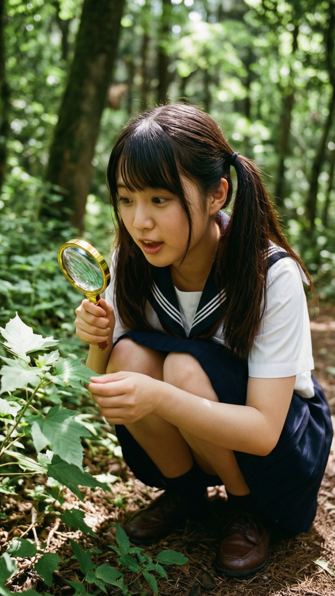 一個穿著水手服的小女孩在森林裡用放大鏡檢查樹葉。