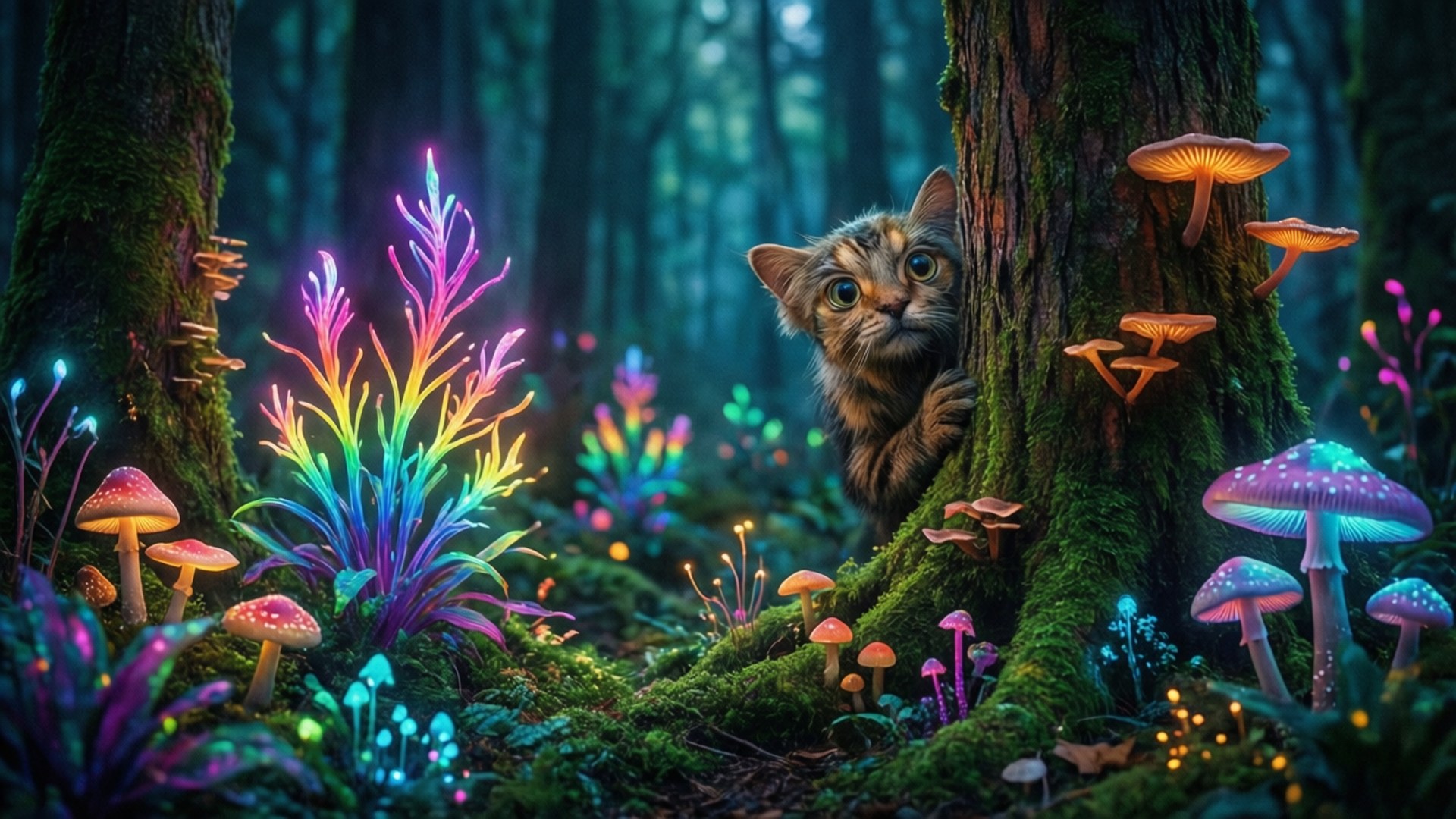 Magical Forest 壁紙 — 一隻好奇嘅虎斑貓喺一個發光嘅魔法森林入面，從一棵佈滿苔蘚嘅樹後面探出頭嚟，周圍有霓虹蘑菇同彩虹植物。