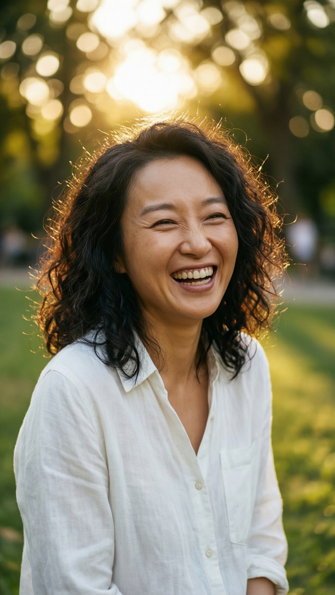 一位穿著白襯衫的微笑女性在陽光普照的公園裡大笑，背景有綠色草地和金色散景。