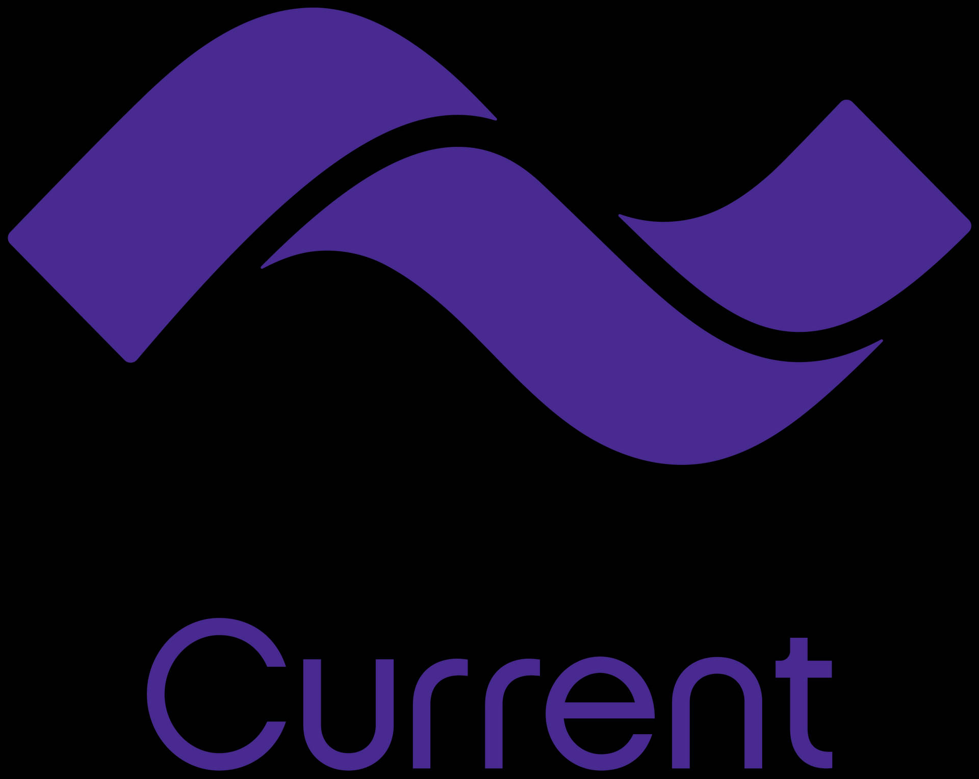 紫色波浪標誌配上Current字樣在黑色背景上