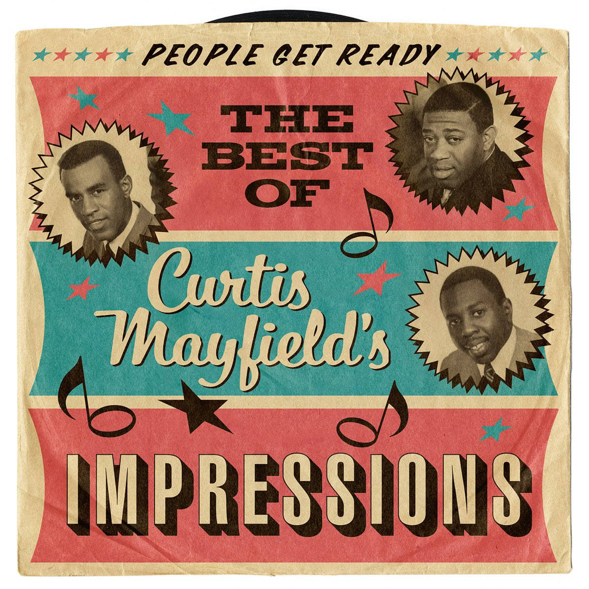 Curtis Mayfield 和 The Impressions 的經典作品集 壁紙 — Curtis Mayfield 的 Impressions 復古專輯封面，三個肖像在紅色和藍綠色背景上，帶有星星和音符。