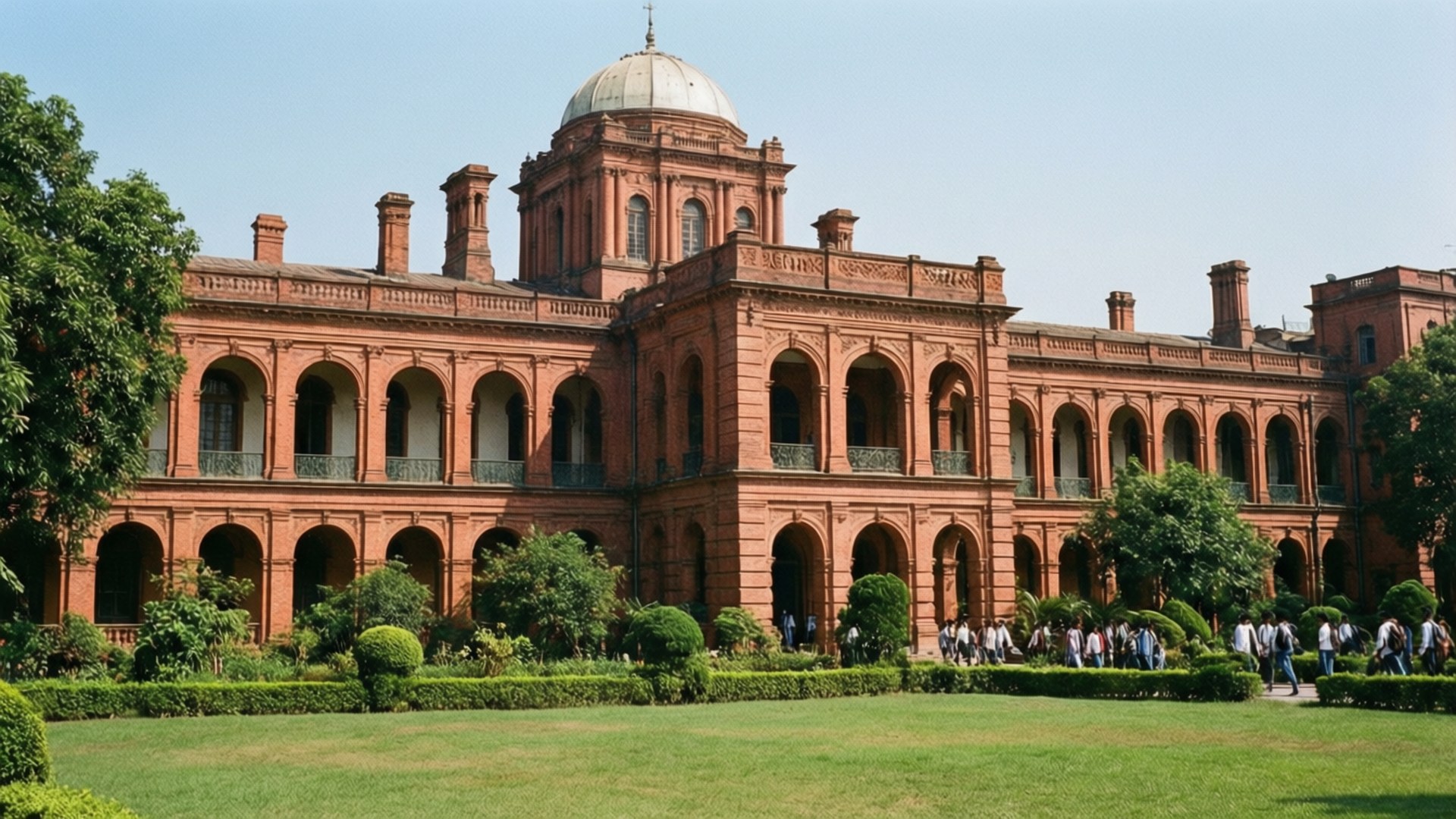 Curzon Hall Campus 壁紙 — 一座宏偉的紅色砂岩建築，擁有拱形柱廊和中央圓頂，矗立在修剪整齊的草坪後面，人們在修剪過的樹籬附近行走，頭頂是清澈的藍天。
