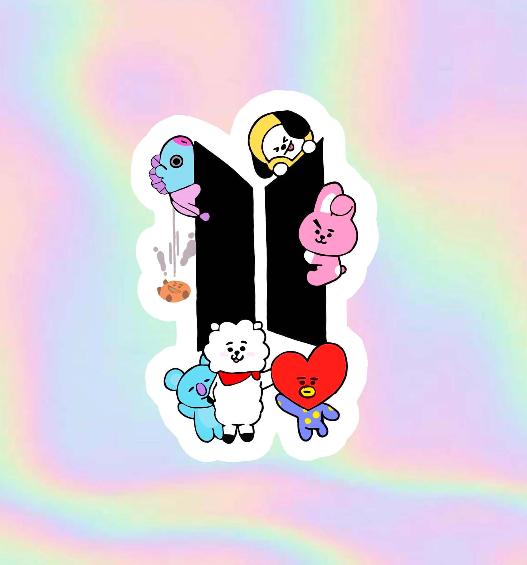 可愛的卡通角色拿著心形，在彩虹背景上攀爬數字十。