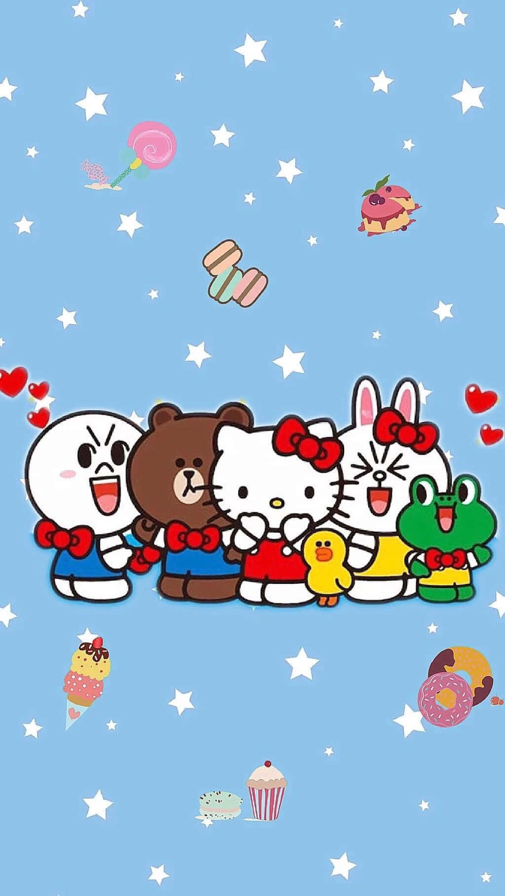 Hello Kitty And Friends 桌布 壁紙 — 可愛的卡通角色戴著紅色蝴蝶結，在充滿星星和漂浮糖果的淺藍色天空下快樂地聚集。