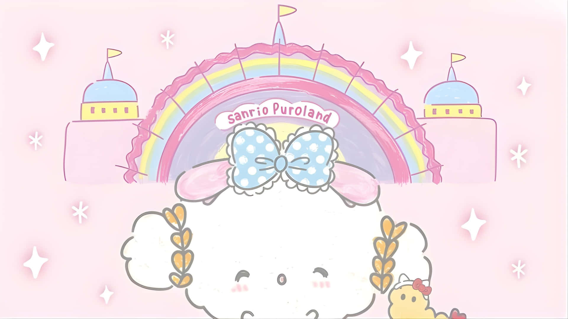  壁紙 — 一隻可愛的卡通羊戴著藍色蝴蝶結，在Sanrio Puroland的彩虹拱門下微笑，背景有城堡塔樓和閃光。
