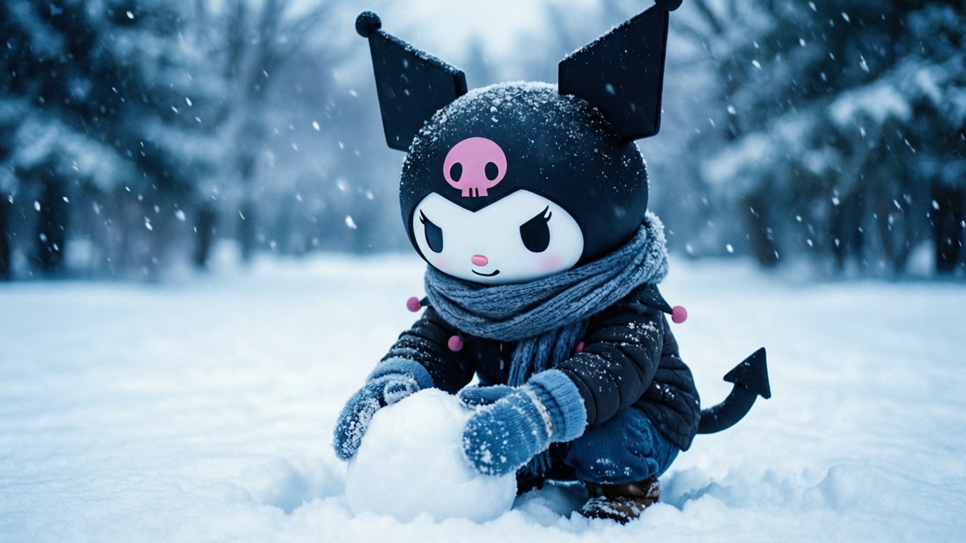 桌布 壁紙 — 一個可愛的惡魔主題毛絨角色在雪地森林中跪下建造雪球。