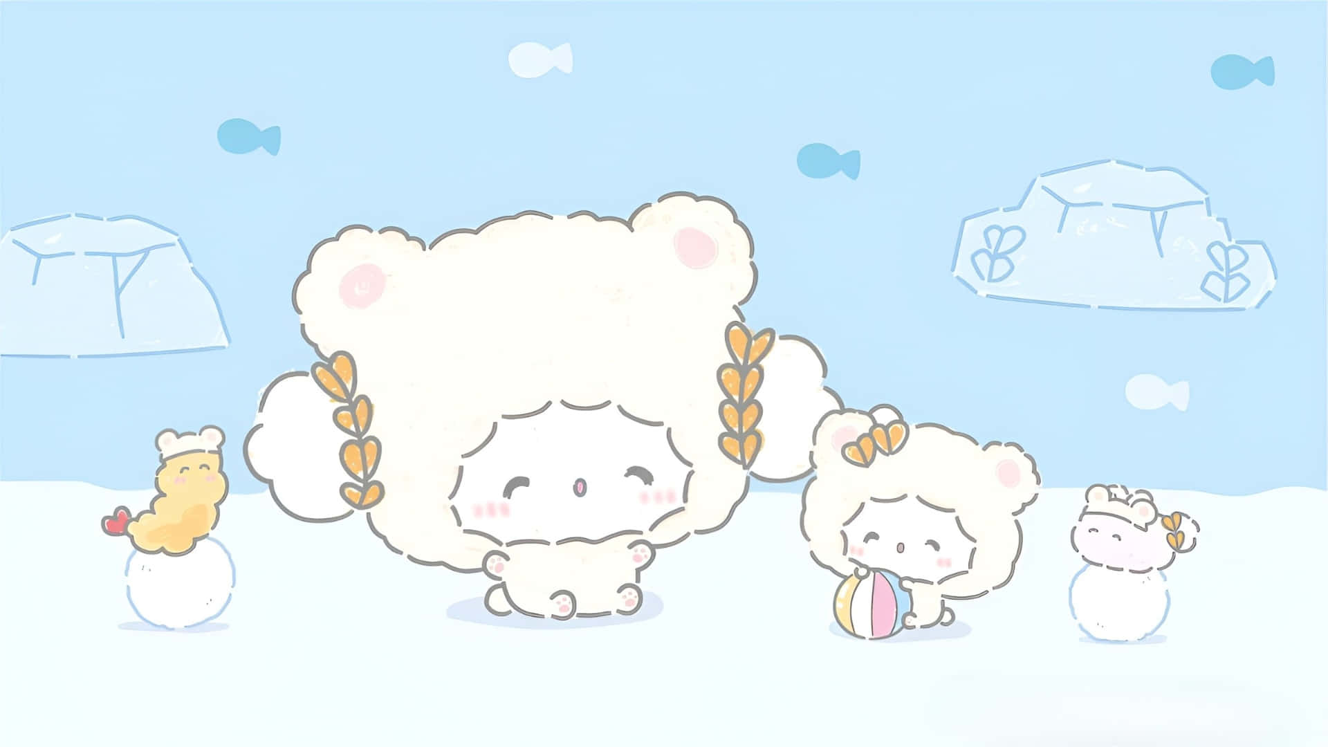  壁紙 — 可愛的毛絨角色帶著小麥辮子在雪景中玩耍，天空淺藍，有冰雲。