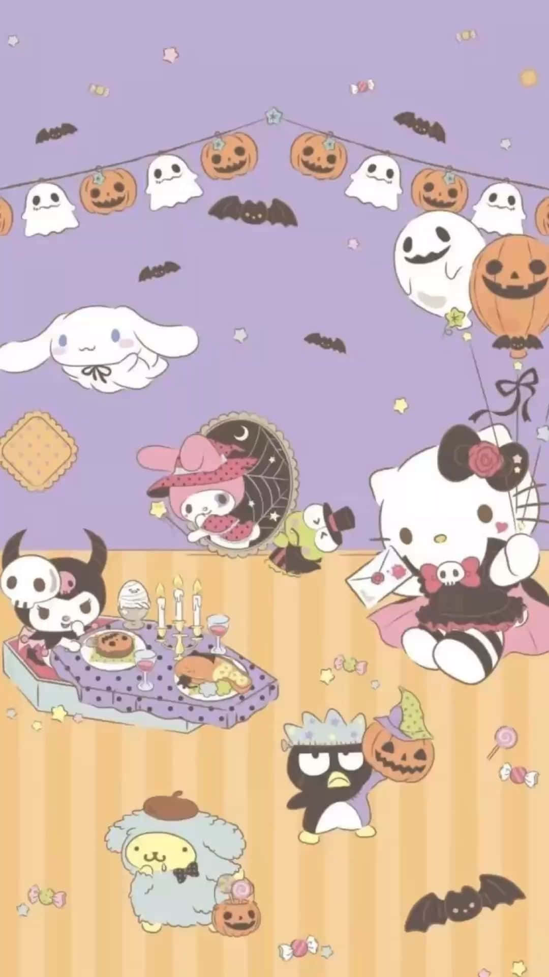  壁紙 — 可愛的Sanrio角色在紫色背景上與南瓜、鬼魂、蝙蝠和糖果一起慶祝萬聖節。