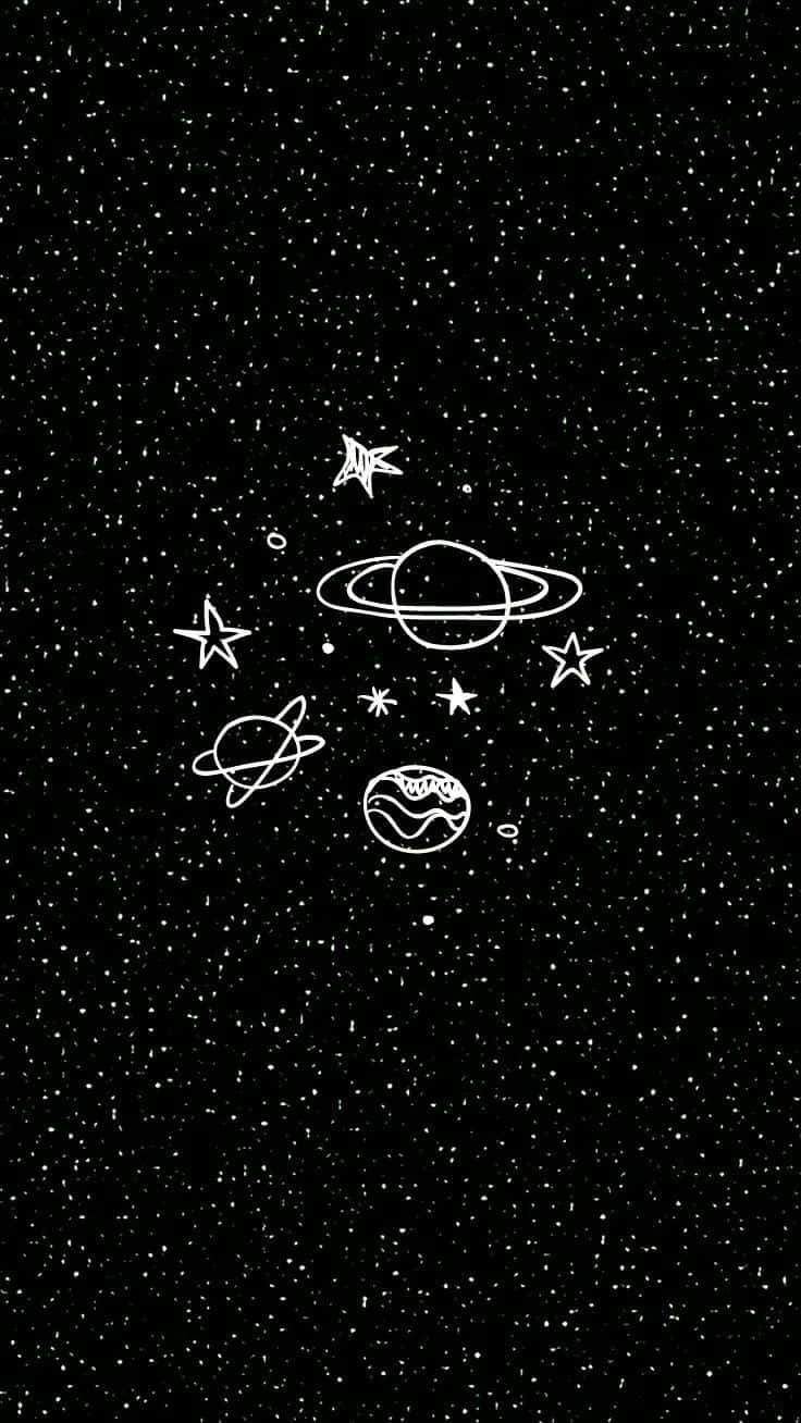 在黑色星空背景上用白色線條繪製的風格化行星和恆星。