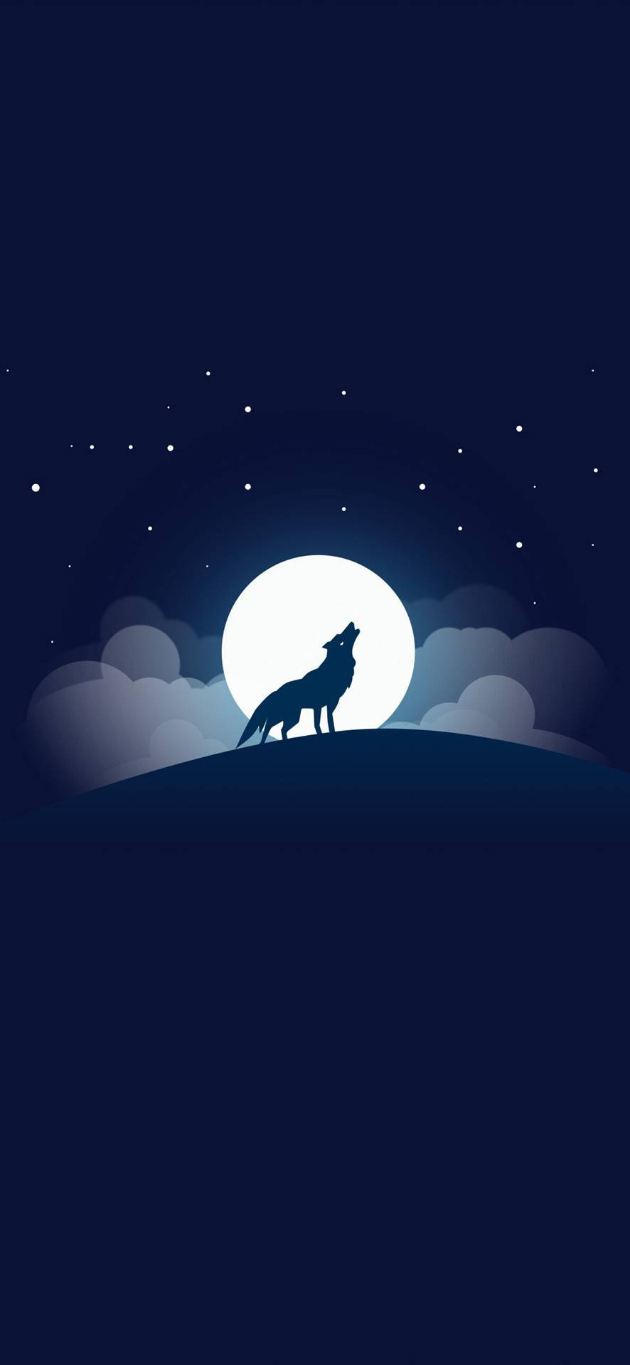 Cute Wolf Full Moon Vector 壁紙 — 一匹孤狼的剪影在山丘上，對著被星星和柔雲環繞的明亮滿月嚎叫。