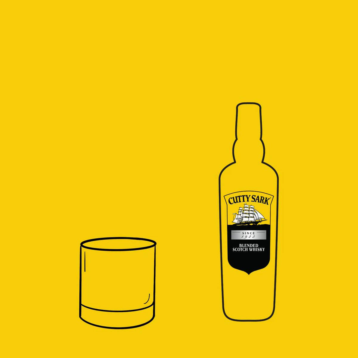 Cutty Sark 黃色背景數位藝術飲品 壁紙 — 在純黃色背景上以極簡線條繪製的 Cutty Sark 威士忌酒瓶和酒杯。