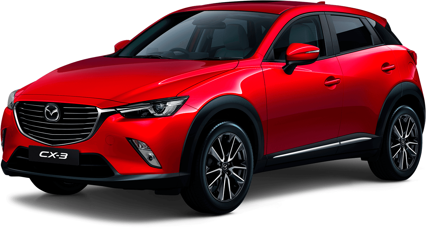 紅色馬自達CX-3跨界SUV 壁紙 — 一輛光澤紅色Mazda CX-3 SUV在黑色背景下的攝影棚燈光中展示，帶有反射亮點。