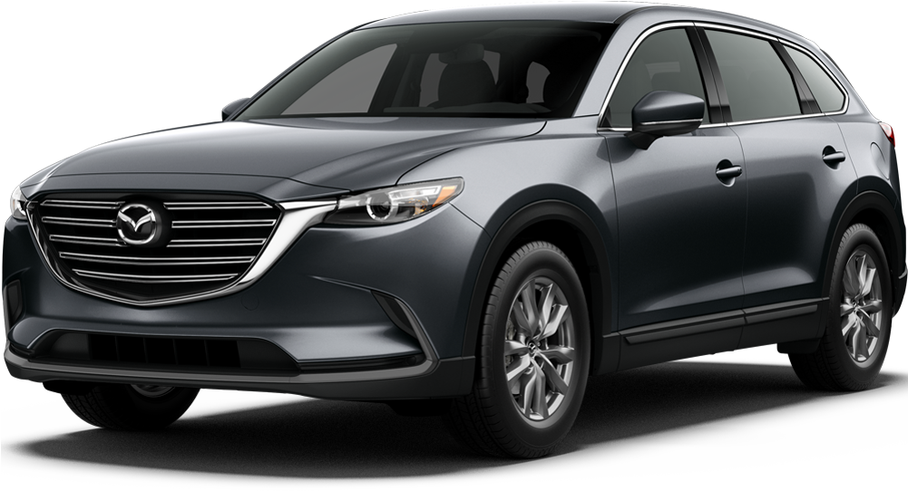馬自達CX-9 SUV 側面視圖 壁紙 — 一輛時尚的深灰色Mazda CX-9 SUV在攝影棚燈光下以黑色背景展示。