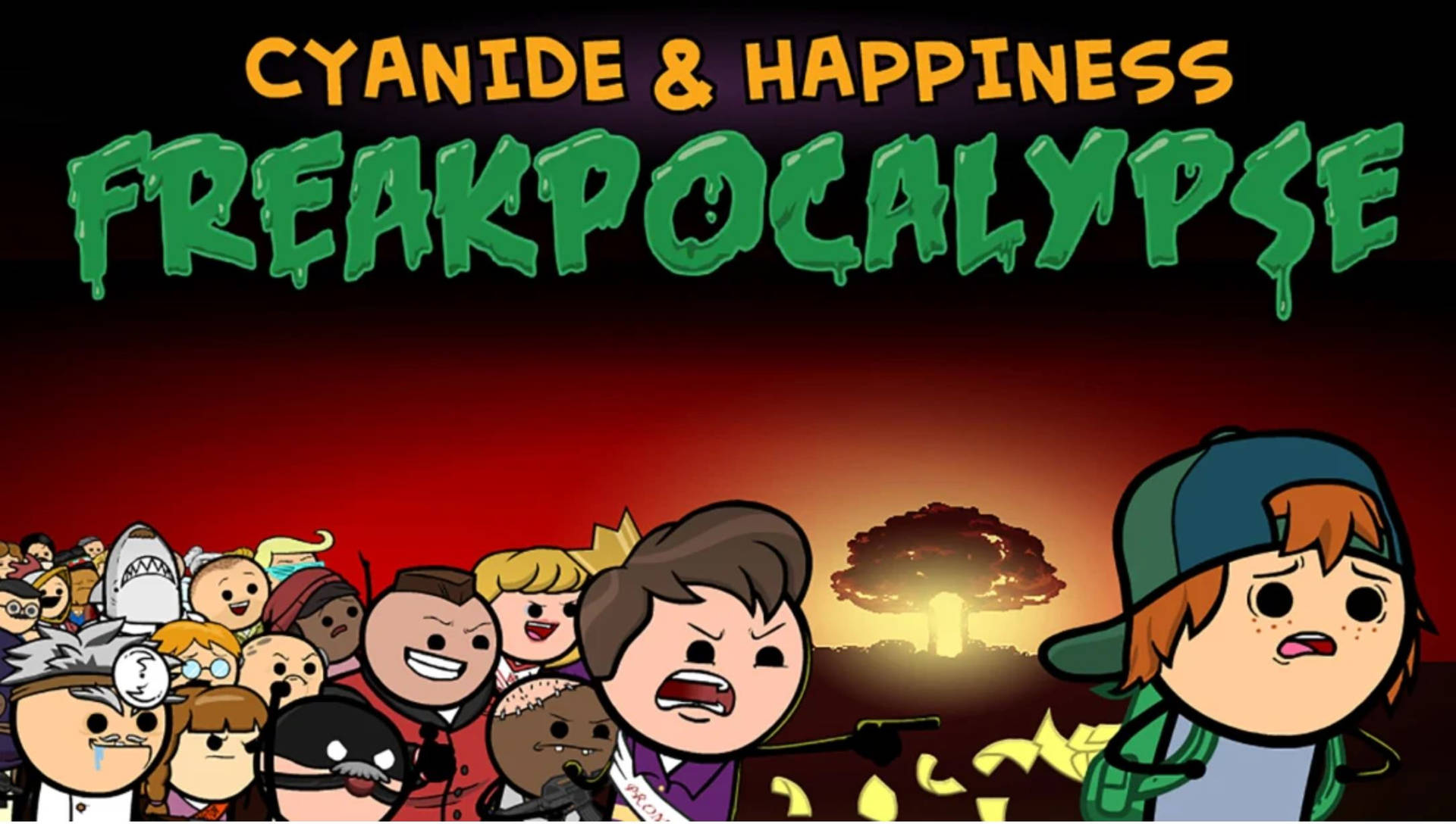 Cyanide & Happiness 角色在日落時面對核爆炸。