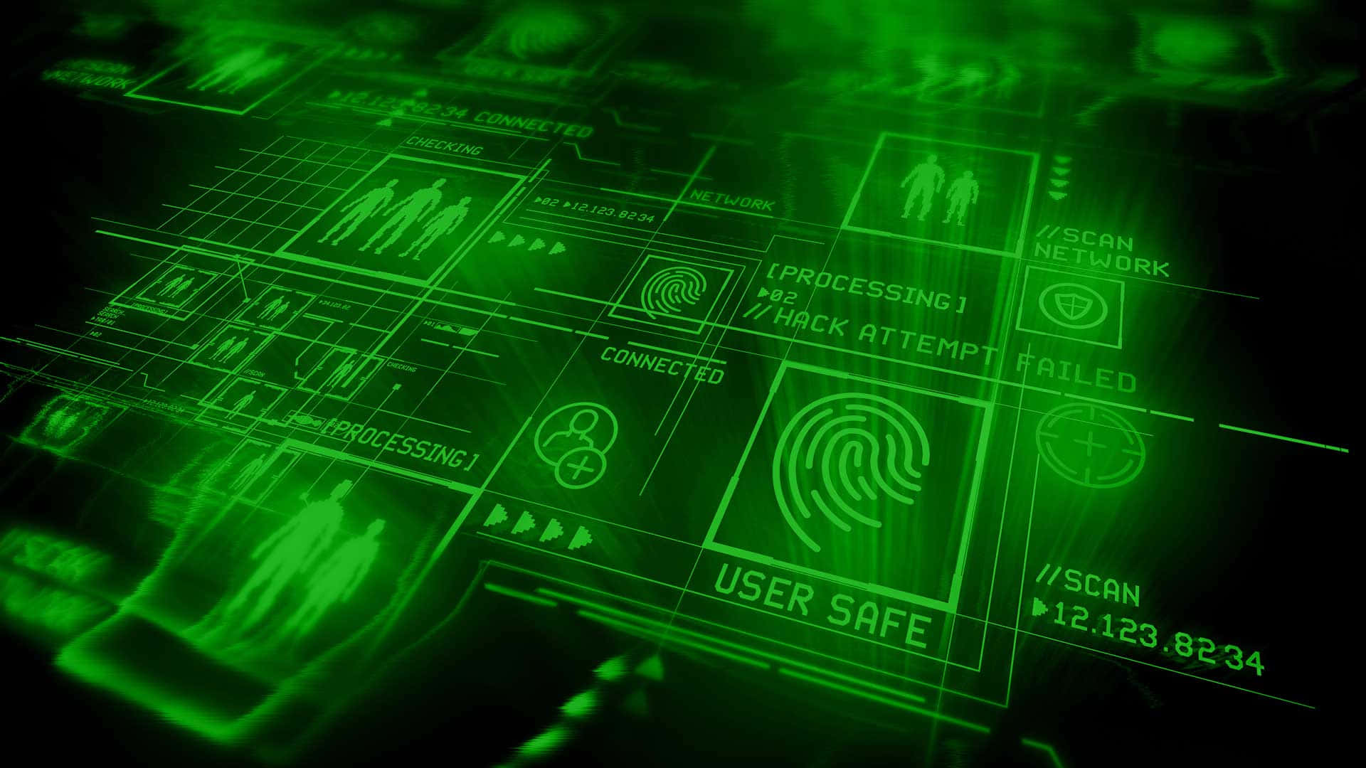 綠色數位安全螢幕顯示用戶安全及駭客嘗試失敗。