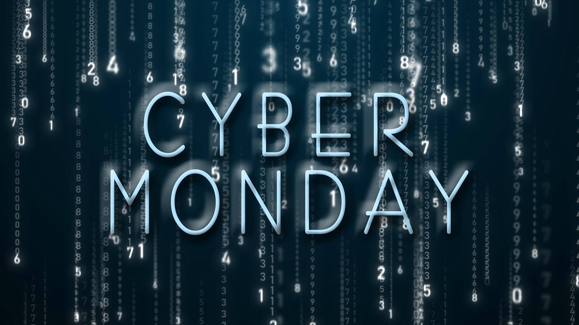 Monday 桌布 壁紙 — Cyber Monday 文字在深色背景上以淺藍色發光，伴隨著層疊的數字。