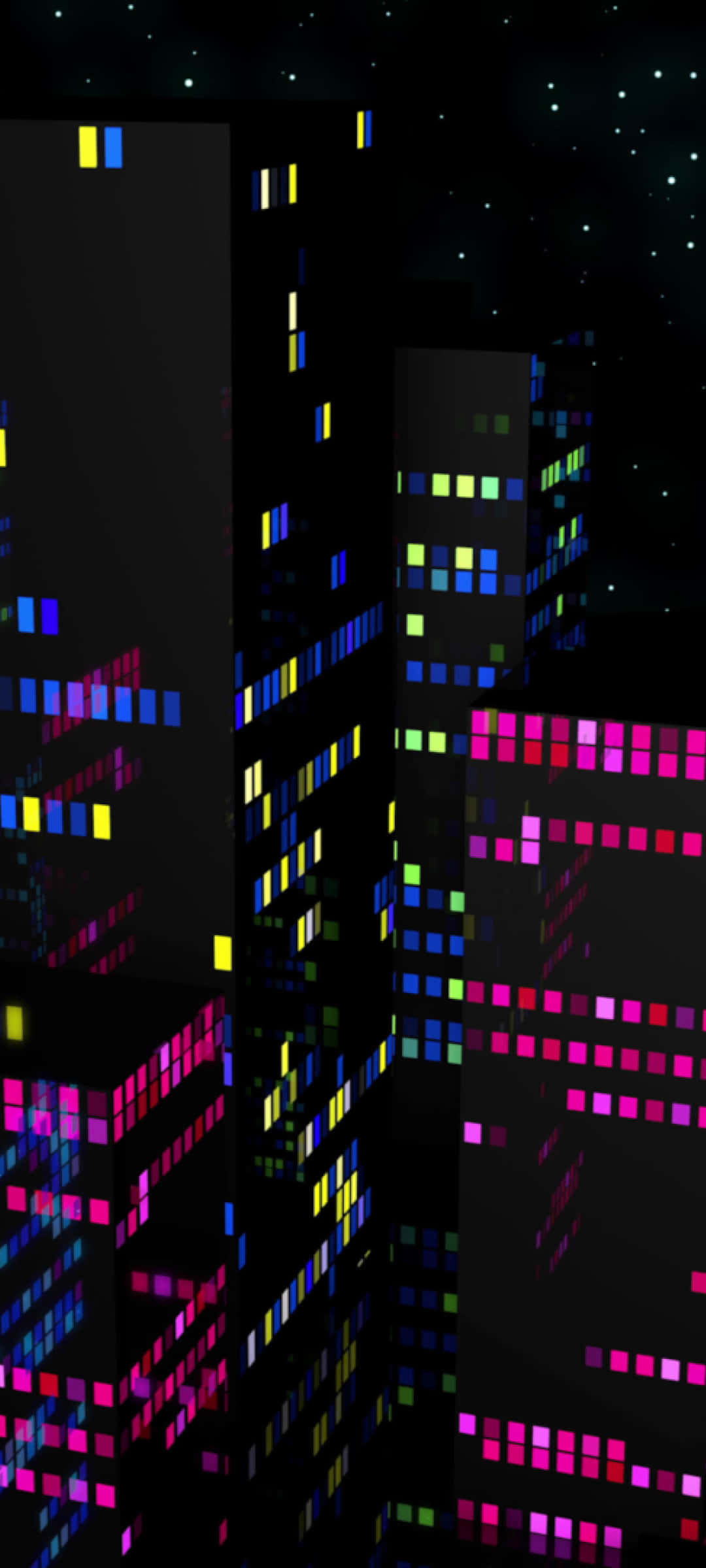 黑暗城市 Cyber Y2K 美學 壁紙 — 高聳的摩天大樓在繁星點點的夜空下，散發著鮮豔的像素化光芒，呈現出未來主義的城市景觀。