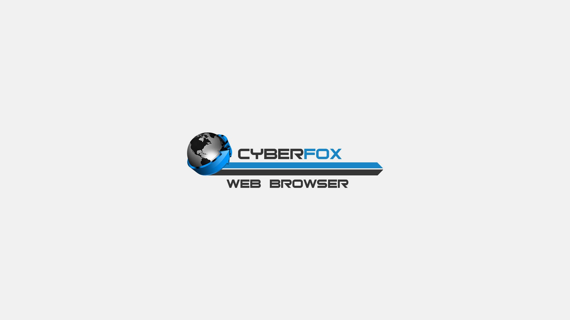 高階 Cyberfox 網際網路瀏覽器介面 壁紙 — 一個時尚的Cyberfox網頁瀏覽器標誌，採用藍色絲帶包裹的地球儀，在淺灰色背景上配有粗體文字。