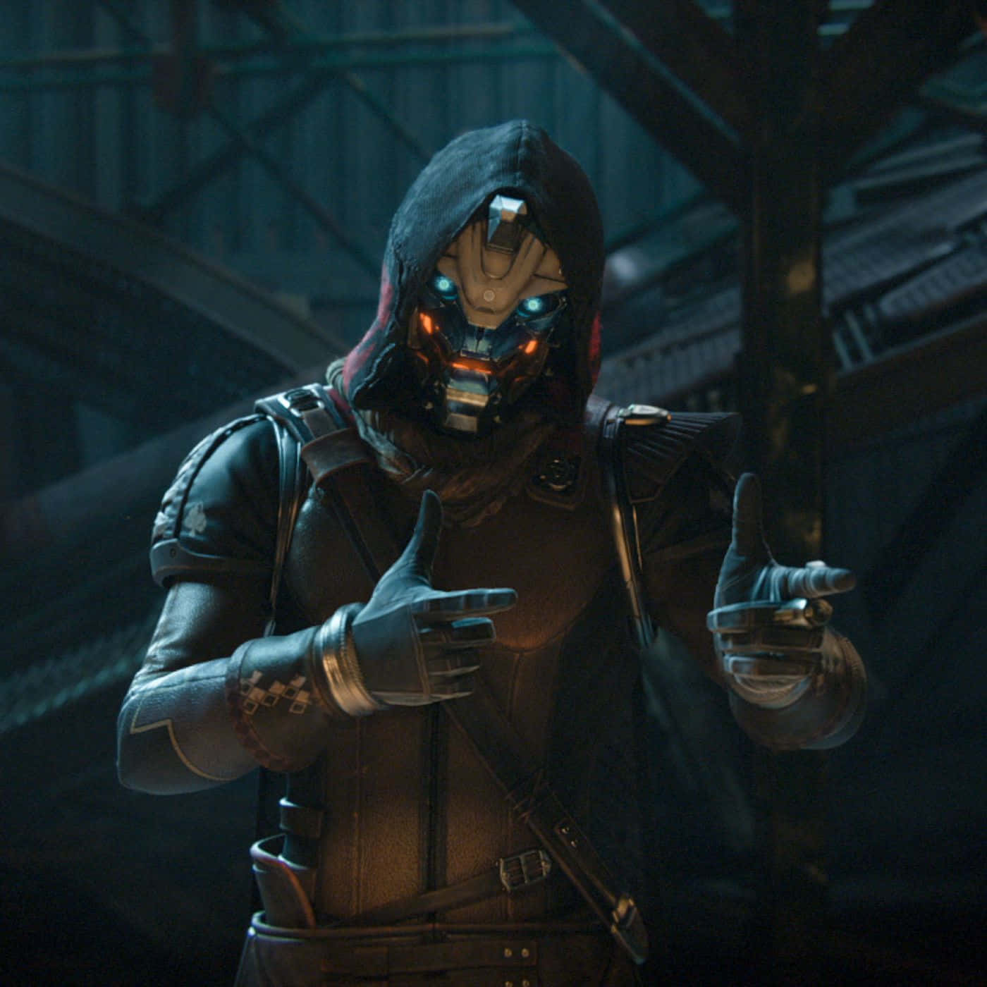 Cayde 6 桌布 壁紙 — 一個身穿深色連帽服的網絡戰士，擁有發光的藍色眼睛和橙色點綴，站在昏暗的工業環境中。