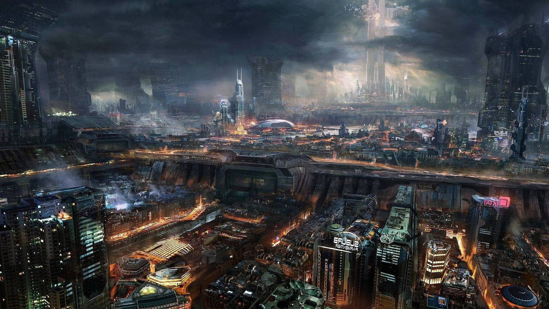 歡迎進入賽博龐克世界 壁紙 — 廣闊的未來城市夜景，高聳的摩天大樓在暴風雨的天空下閃耀。