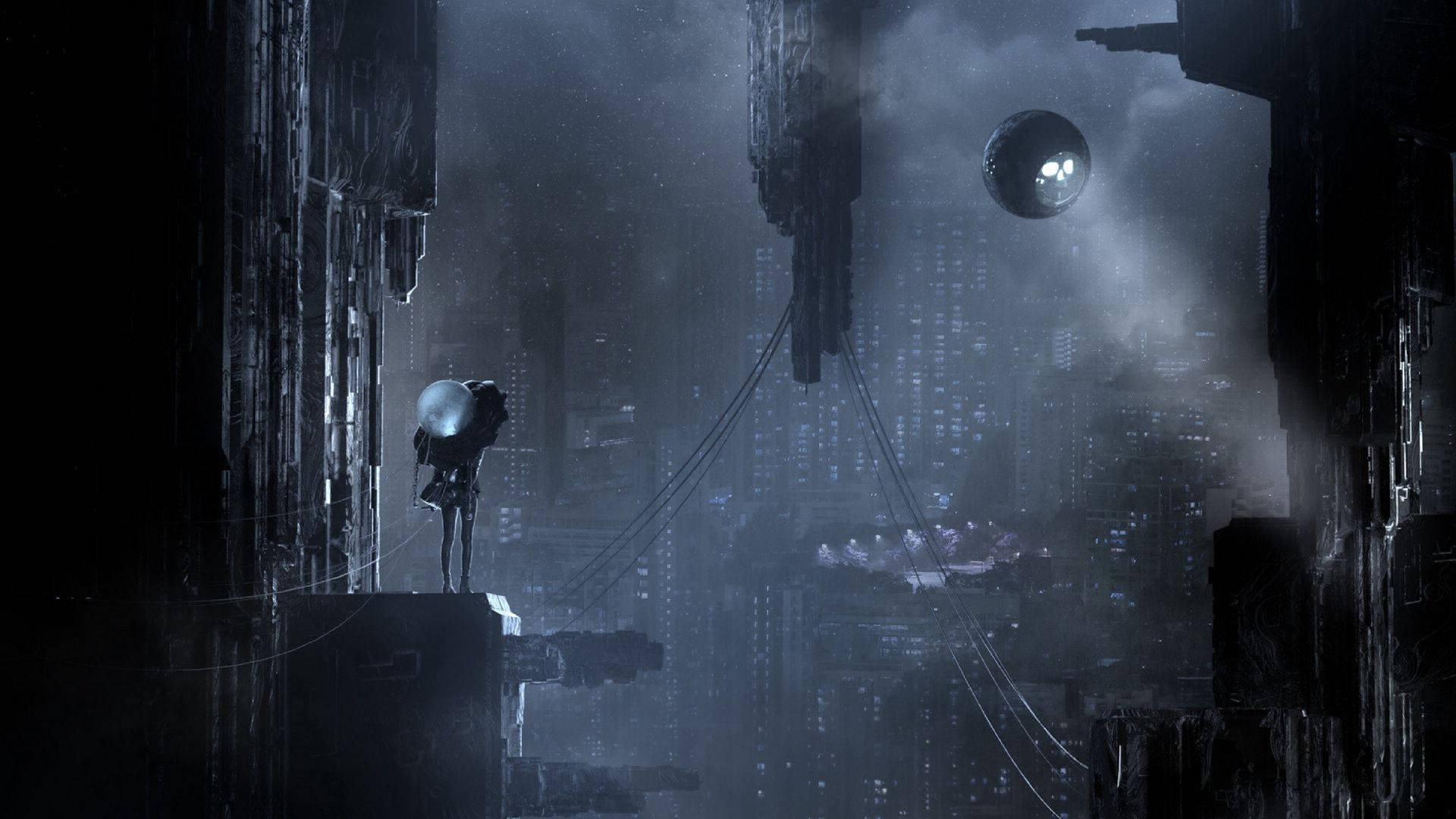 以 1920x1080 解析度探索賽博龐克宇宙 壁紙 — 一個孤獨的身影站在屋頂上，俯瞰著一個迷霧籠罩的未來城市，其中有漂浮的球體和高聳的摩天大樓。