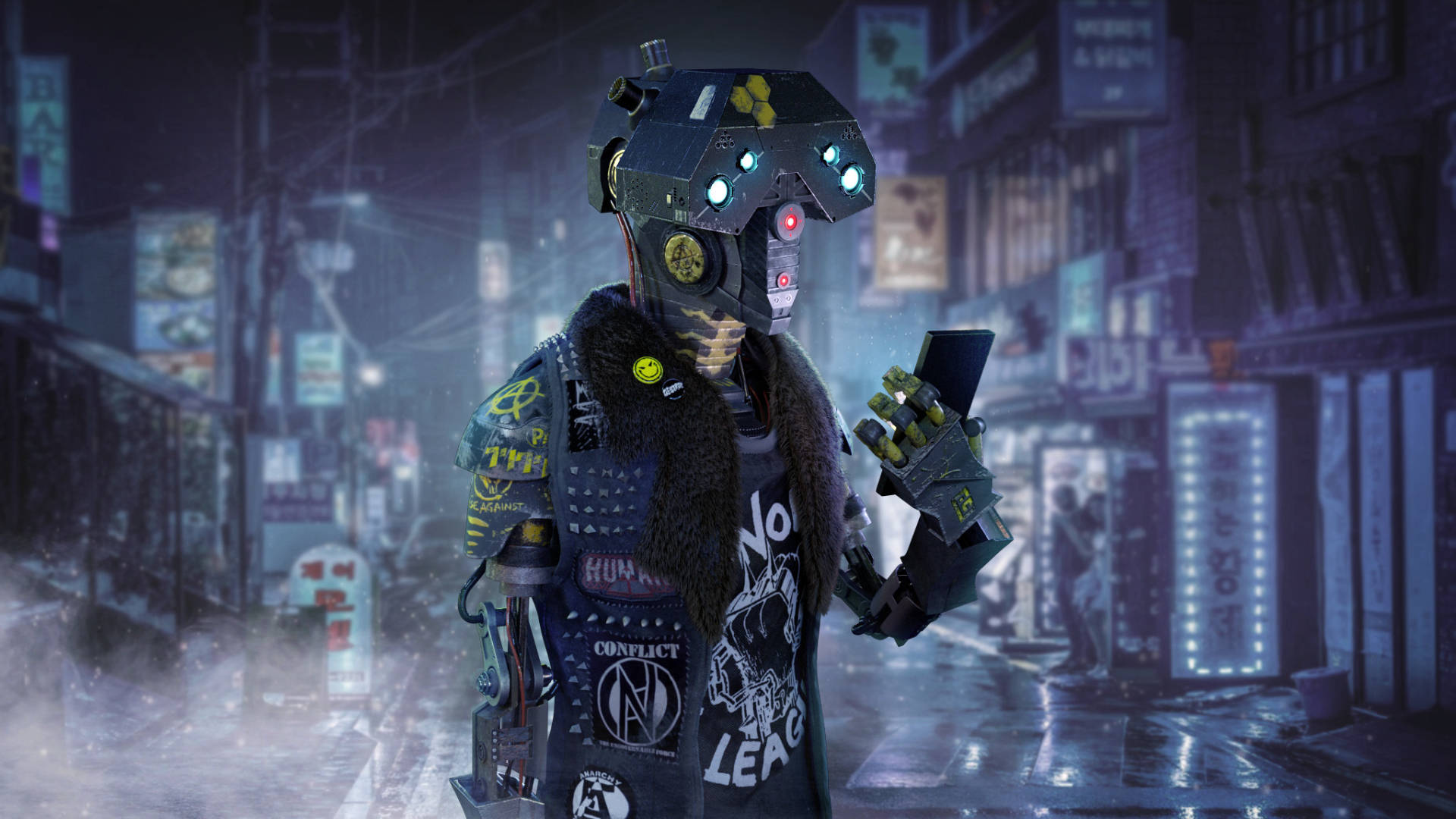 賽博朋克 1920x1080：黑暗世界等你探索 壁紙 — 一個擁有發光眼睛和龐克補丁的賽博龐克機器人站在夜晚霓虹燈照亮的雨中城市小巷裡。