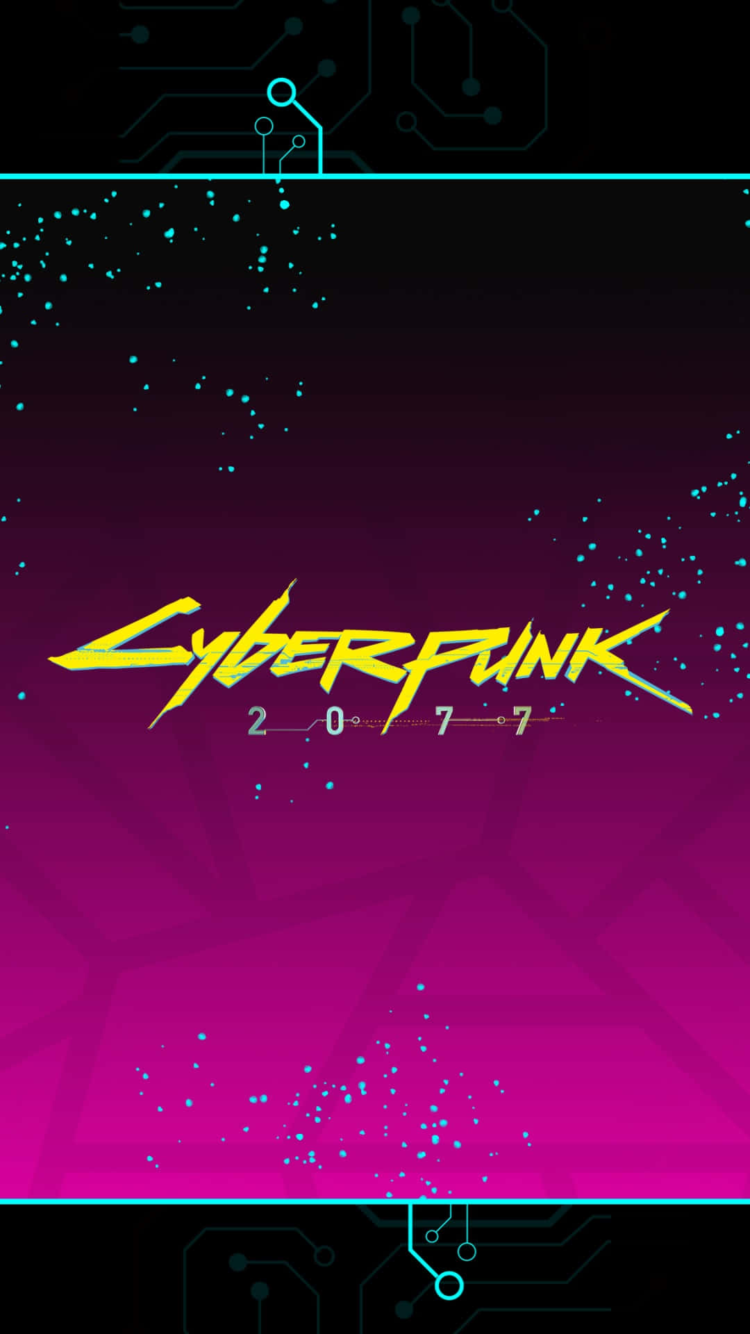  壁紙 — Cyberpunk 2077 標誌在帶有電路板圖案和數位粒子的洋紅色漸變背景上發出霓虹黃光。