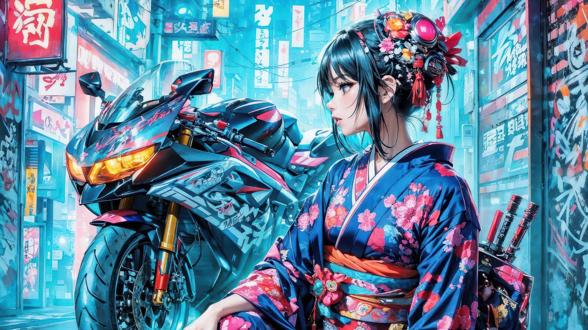  壁紙 — 一位穿著花卉和服的賽博龐克動漫女孩站在霓虹燈閃爍的東京街道上，旁邊是一輛發光的未來派摩托車。