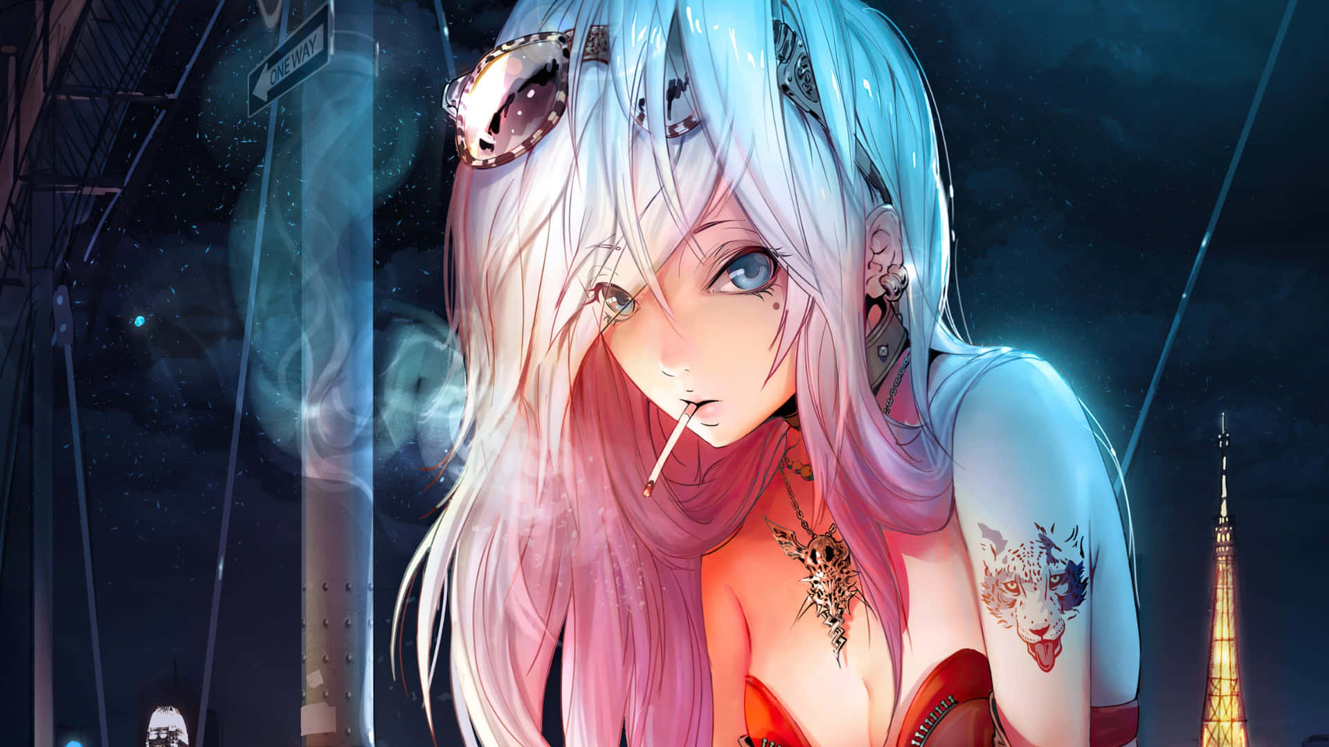  壁紙 — 一個銀髮紋身的賽博龐克動漫女孩，在霓虹燈閃爍的東京夜景中抽煙。