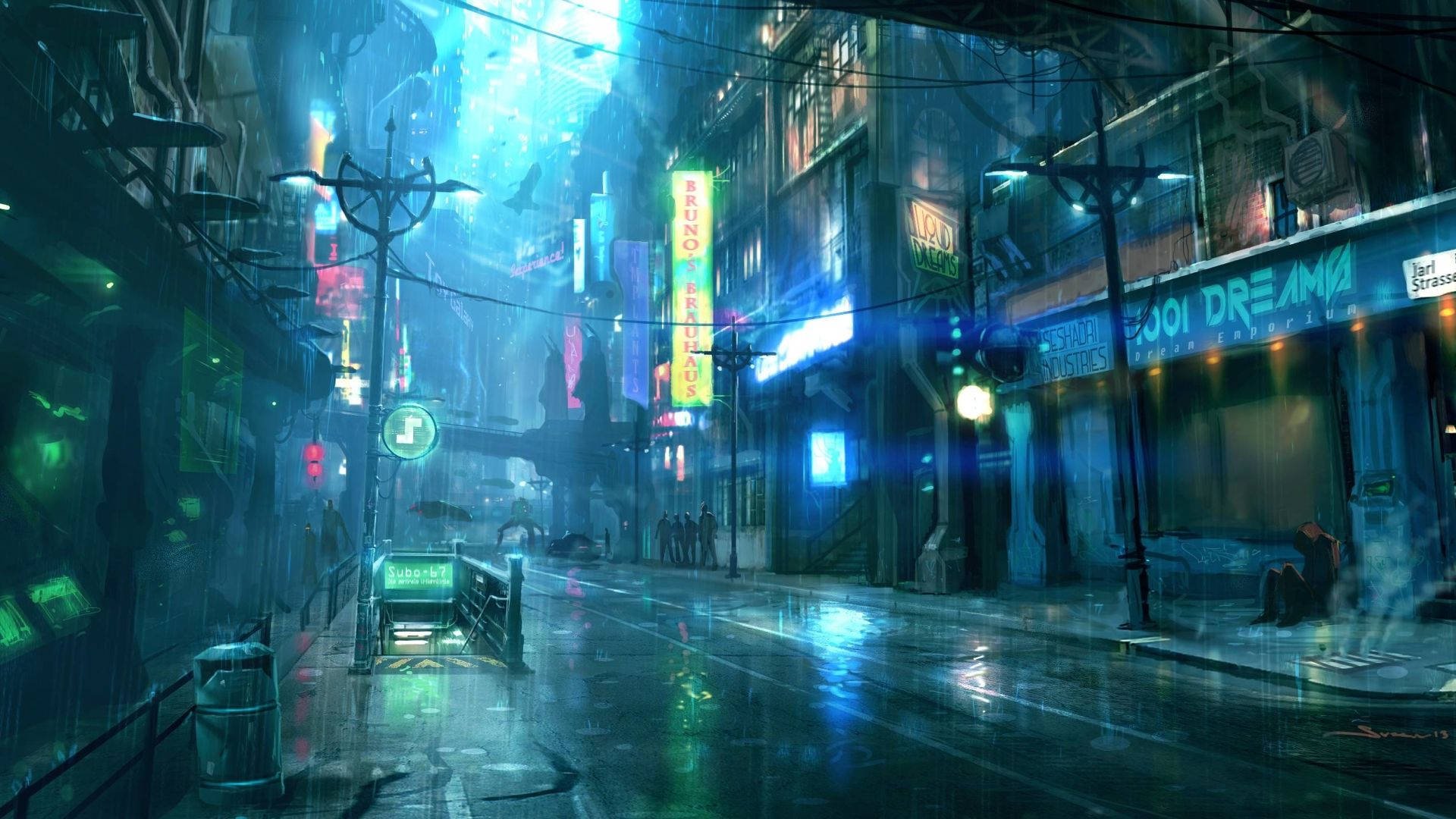 霓虹燈照亮的賽博龐克城市景觀 壁紙 — 雨濕的霓虹燈科幻街景夜晚，發光招牌倒映在濕漉漉的路面上。