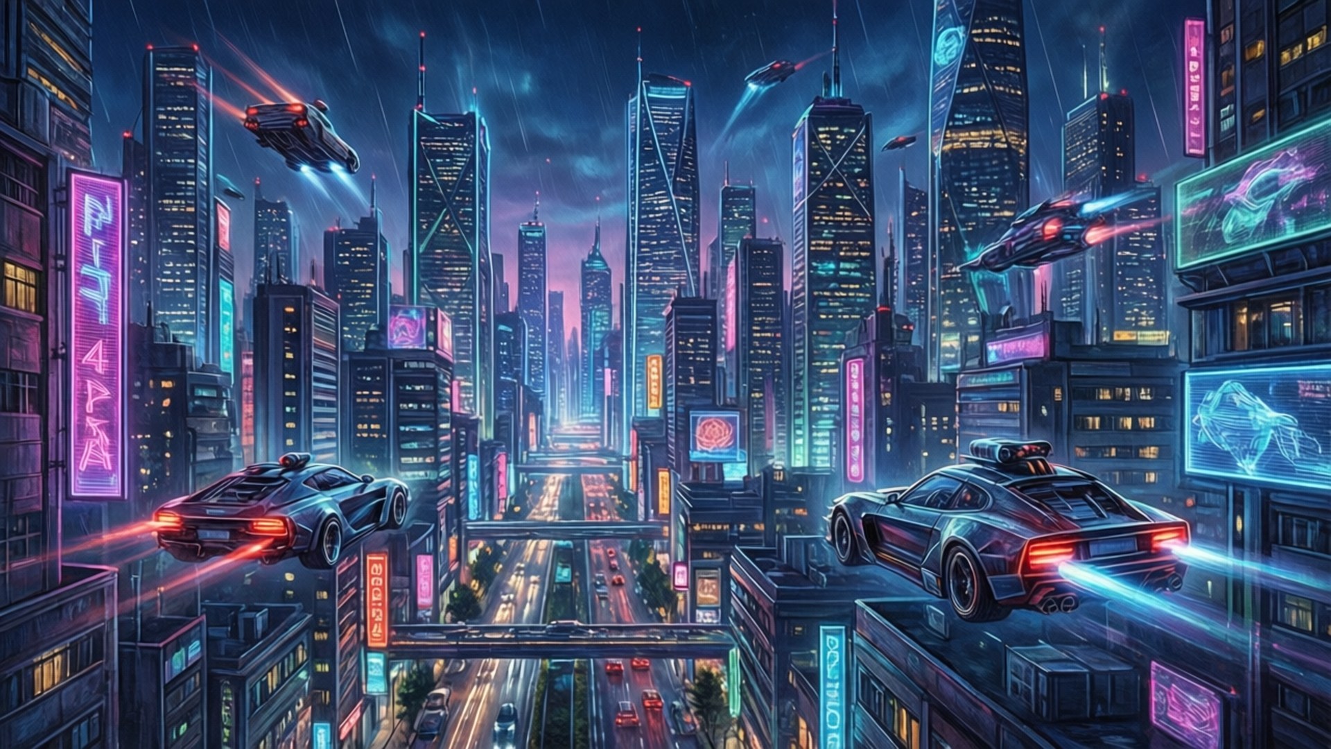 未來城市夜景，霓虹燈、飛天汽車和高聳建築
