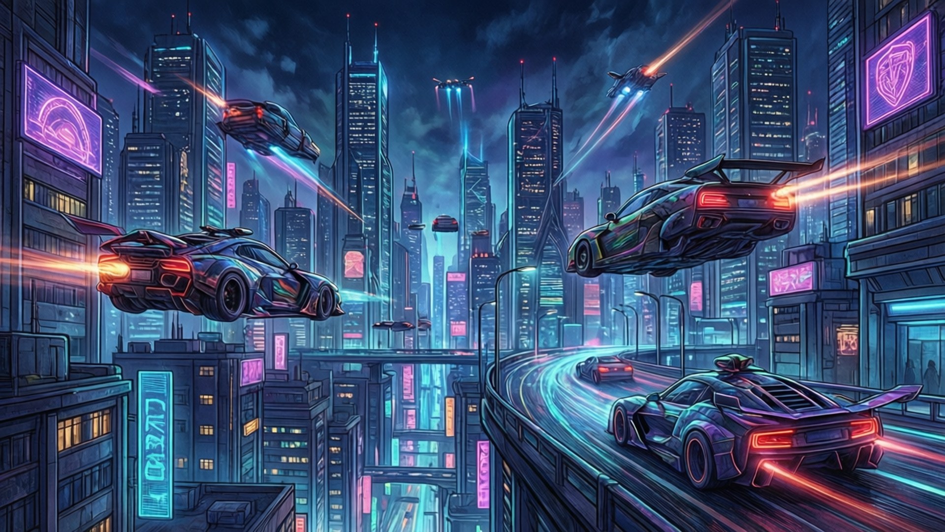 未來的飛行汽車在夜晚霓虹燈照亮的賽博龐克城市中疾馳。