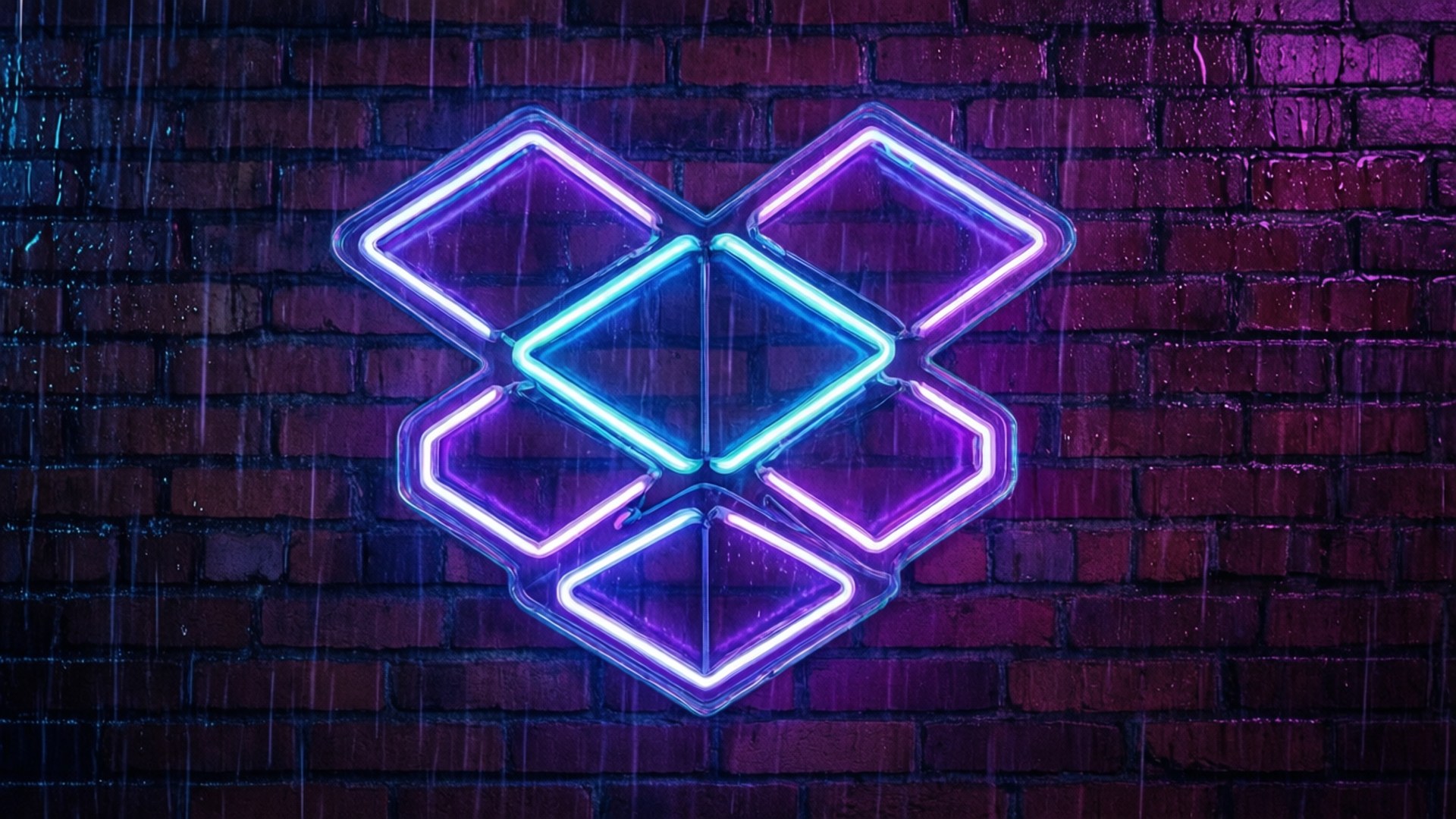 霓虹燈 Dropbox 標誌在雨中濕磚牆上發光。