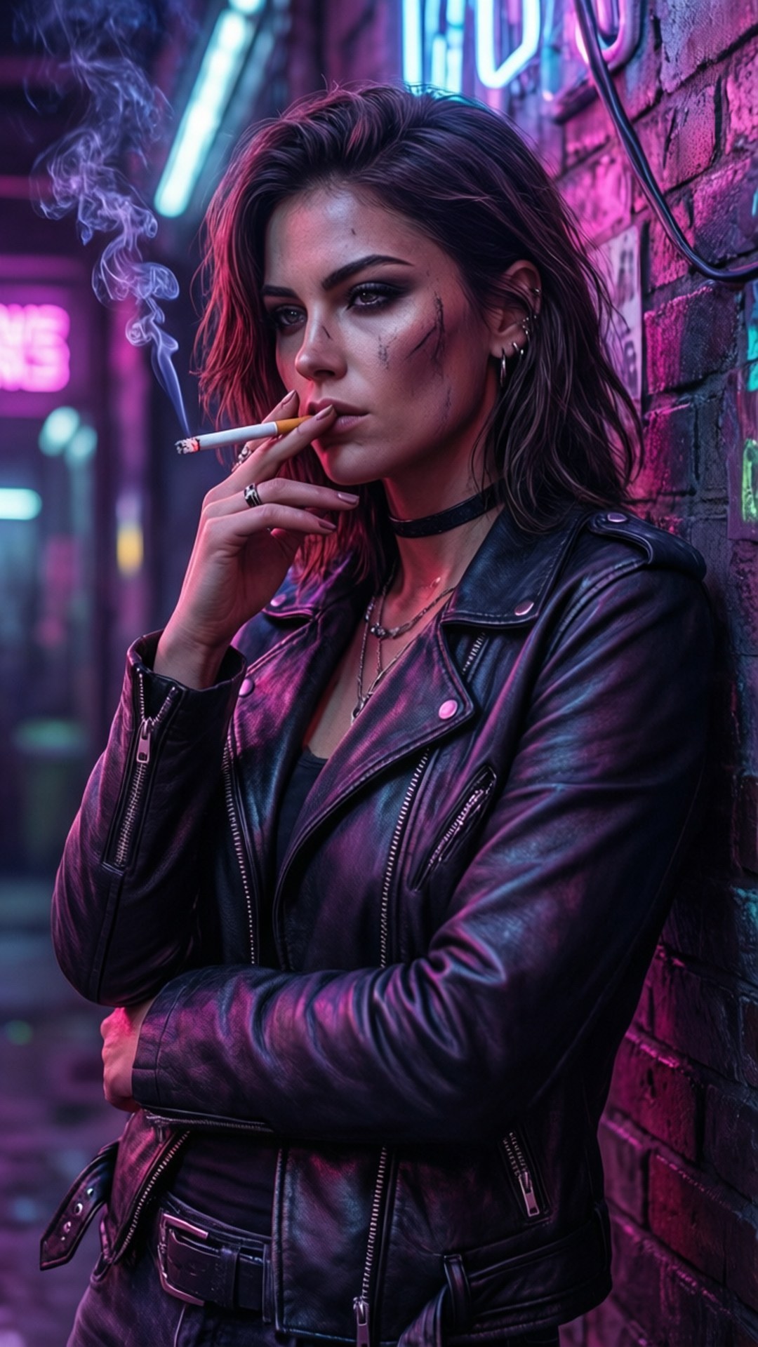 一個穿著黑色皮褸的女人在霓虹燈照亮的磚牆前吸煙。