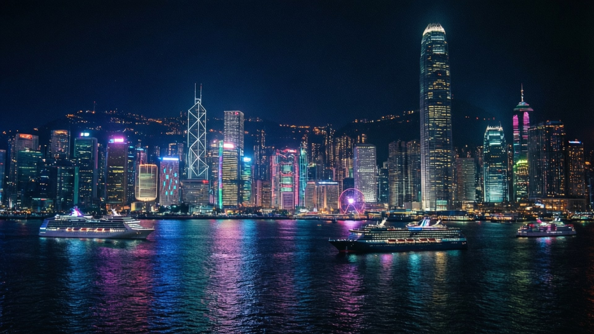 未來感十足的霓虹燈照亮的維多利亞港夜景，招牌閃爍，遊輪穿梭。