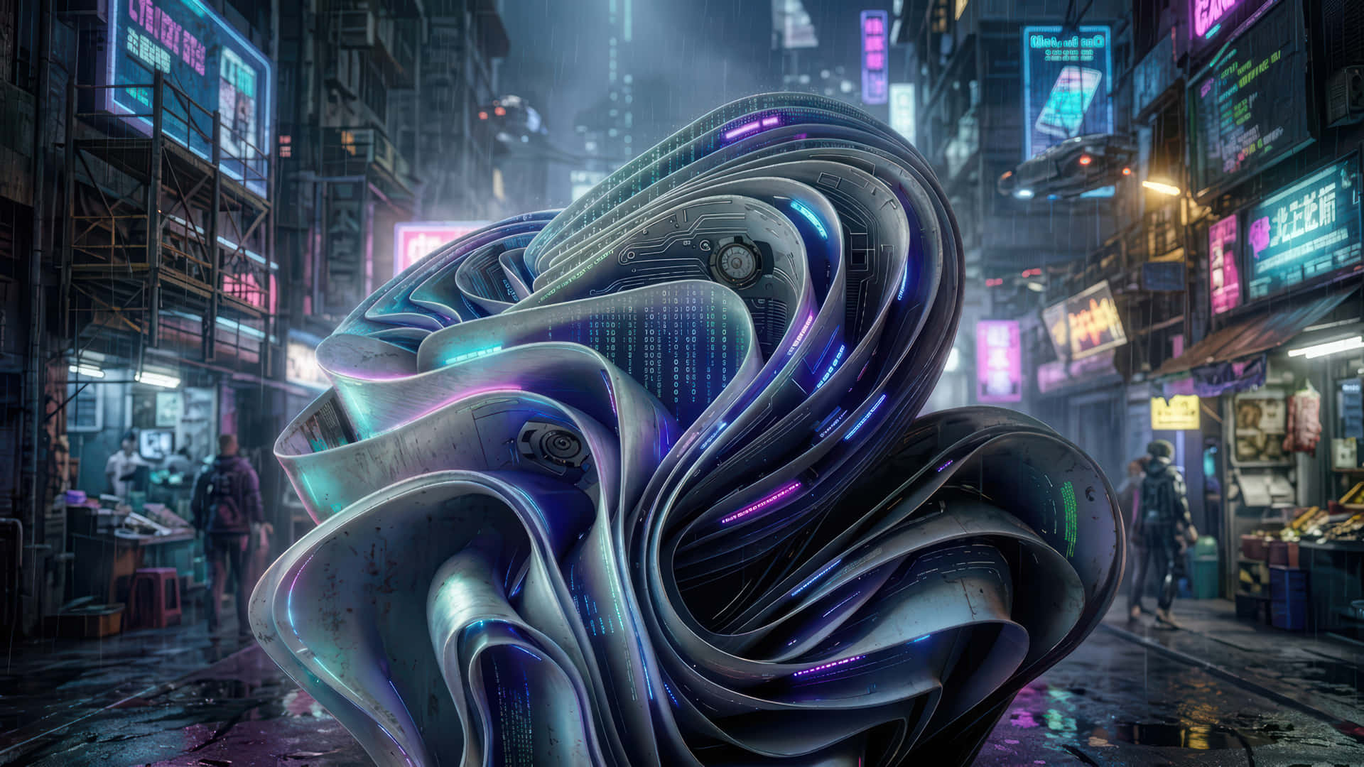 未來主義金屬雕塑喺落雨霓虹燈照亮嘅 cyberpunk 城市小巷中發光。