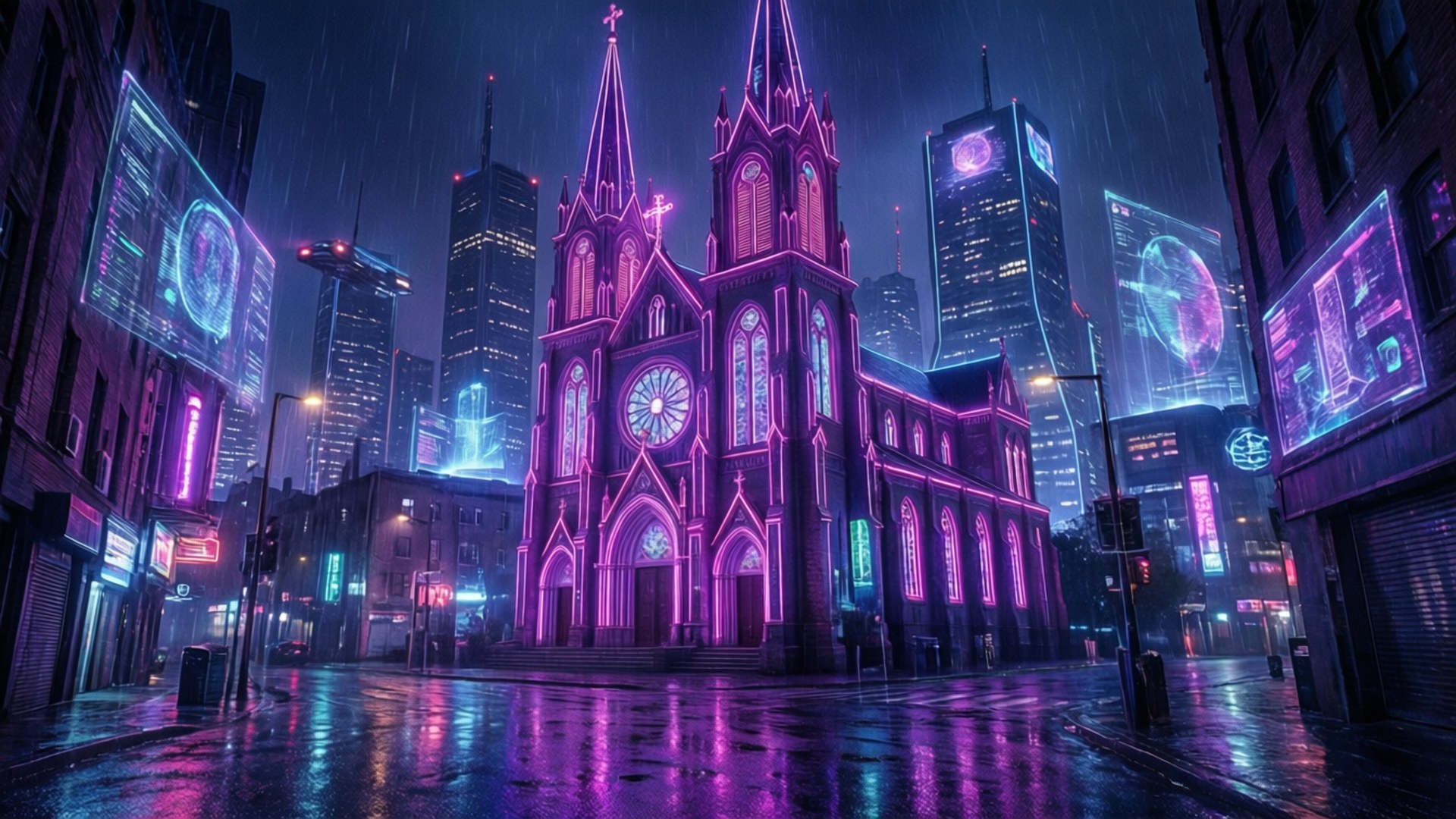 哥德式大教堂在霓虹粉紅中照亮，背景是下雨的賽博龐克城市和發光的廣告牌