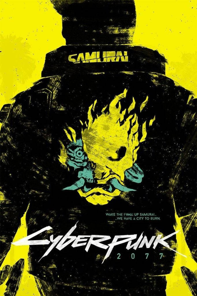 Cyberpunk 2077 武士戰士，帶有發光賽博格，背景為黃色