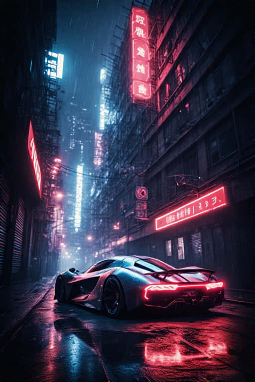 Cyberpunk Supercar in Neon Rainy Alley Futuristic 4K 壁紙 — 一輛流線型銀色跑車在雨濕的霓虹燈光下，穿過閃爍紅燈的 cyberpunk 小巷。